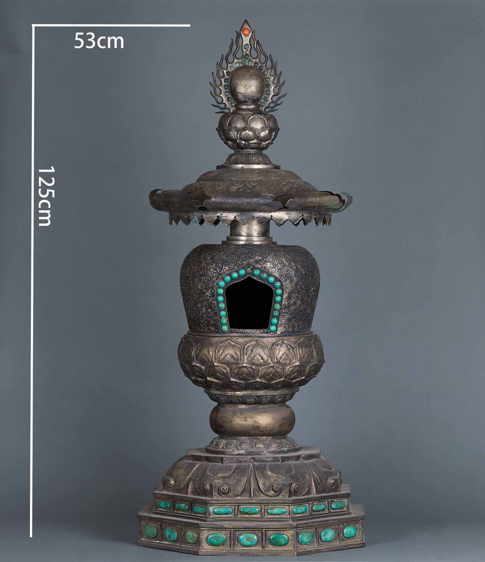 Gem-inlaid Bronze Buddha Niche: Copper inlaid with gemstones, Buddha niche, height 125 cm, base diameter 53 cm