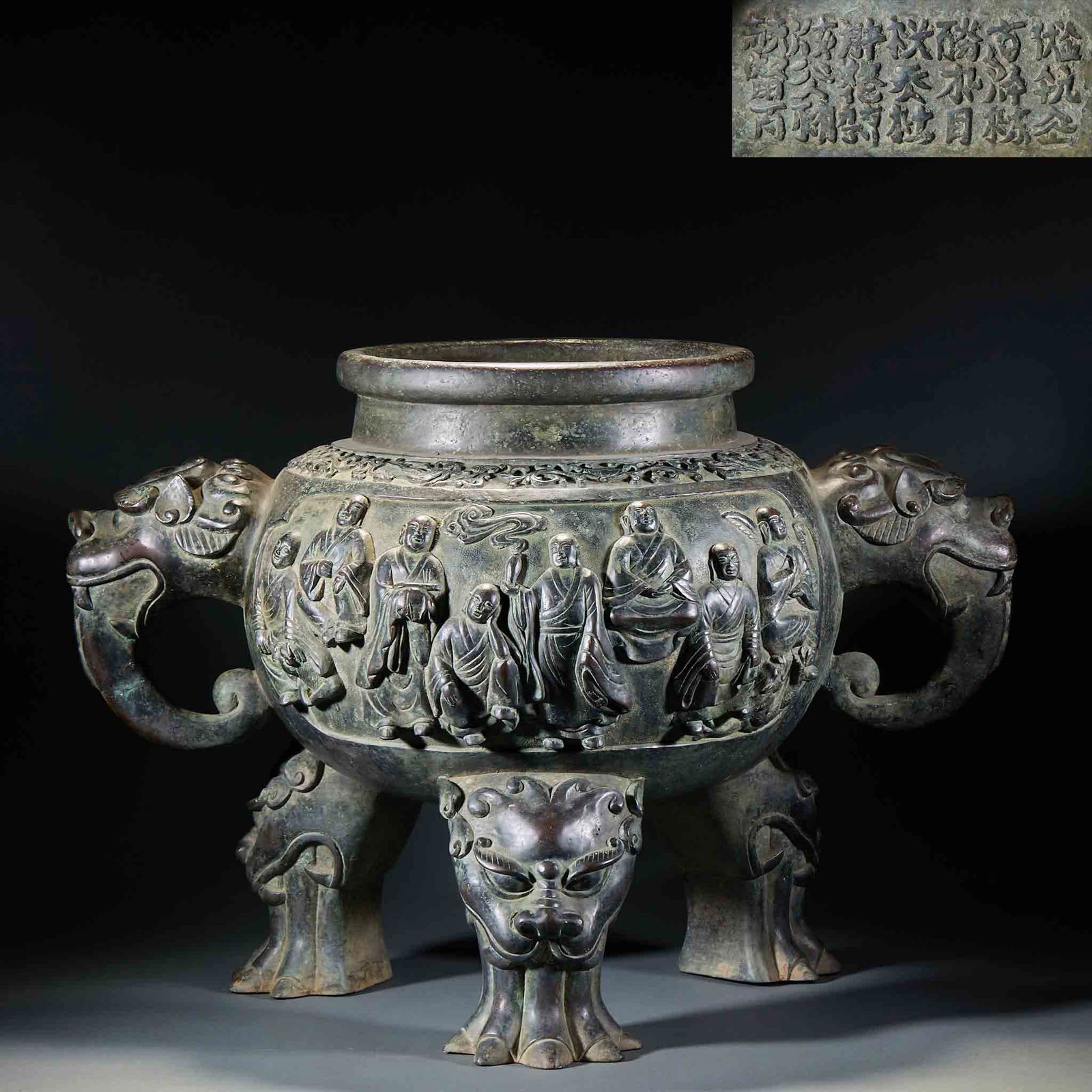 Bronze Censer with Three Legs, Flower and Figure Motifs, and Double Lion Ears, Pre-Ming Dynasty (1 of 17)