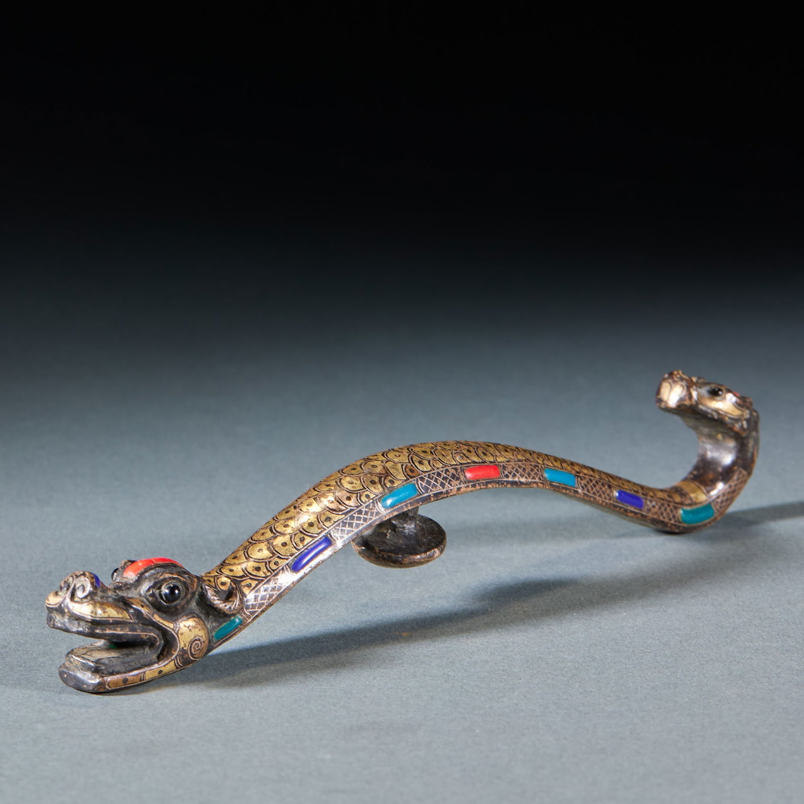 Gold and Silver Inlaid Gem-embedded Dragon-shaped Belt Hook, Pre-Ming Dynasty (1 of 6)