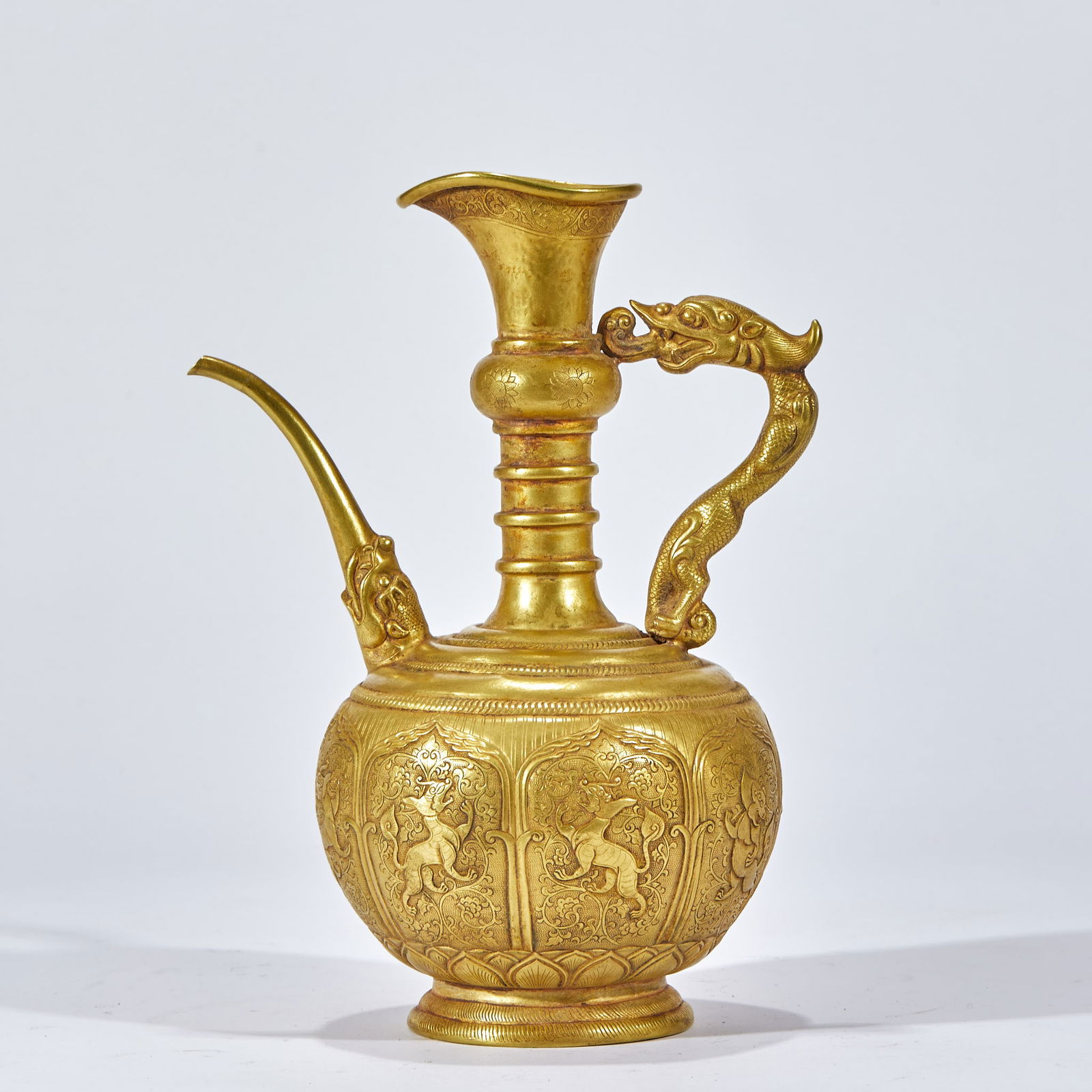 Gold Ewer with Flower and Auspicious Beast Motifs: Gold flower and auspicious beast ewer, height 24.5 cm, length 17.5 cm, width 11.5 cm, weight 988 g