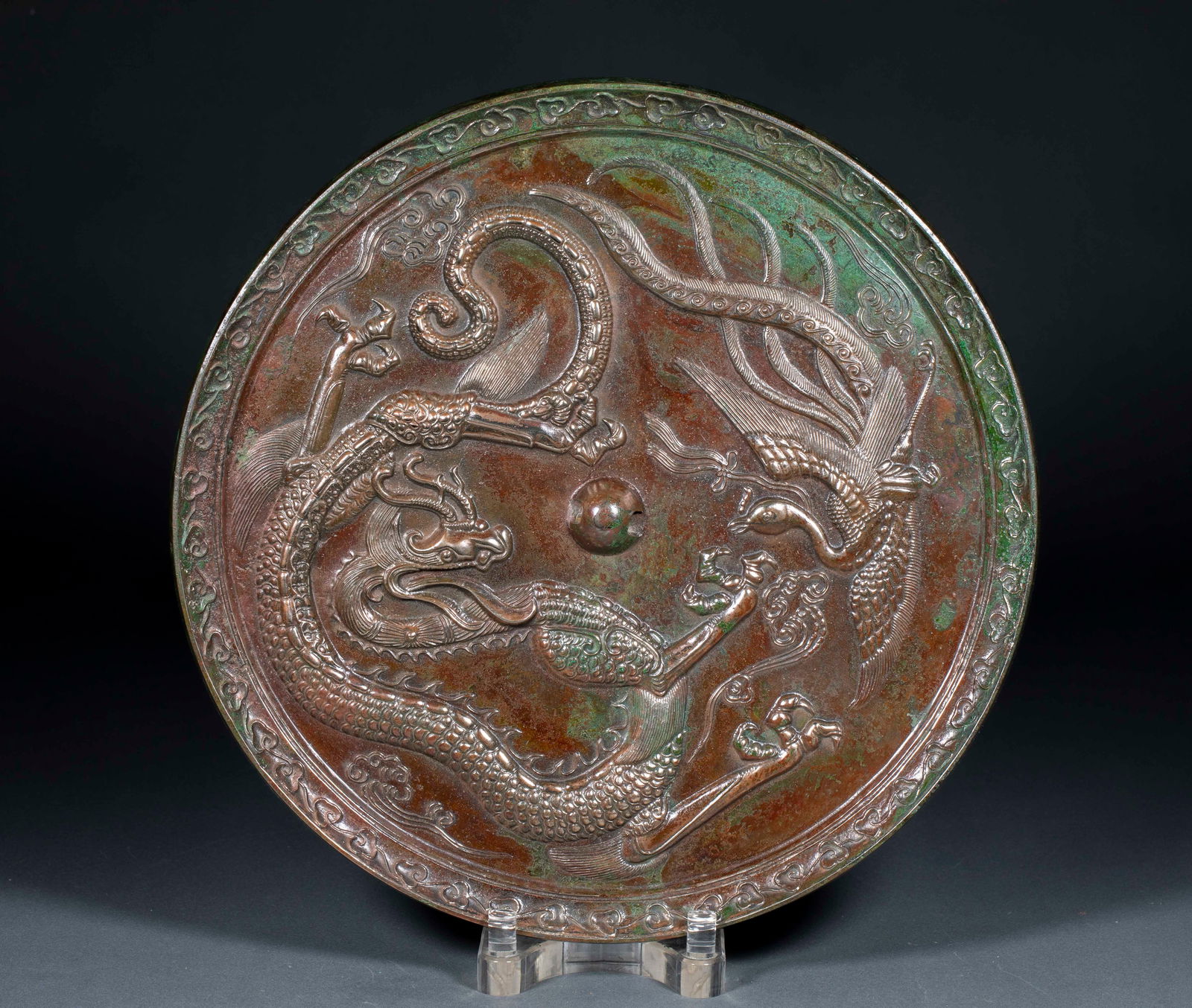 Bronze Mirror with Dragon and Phoenix Motifs, Pre-Ming Dynasty: Pre-Ming Dynasty Copper Mirror with Dragon and Phoenix Pattern, 1.4cm thick, 31cm diameter, 4300g