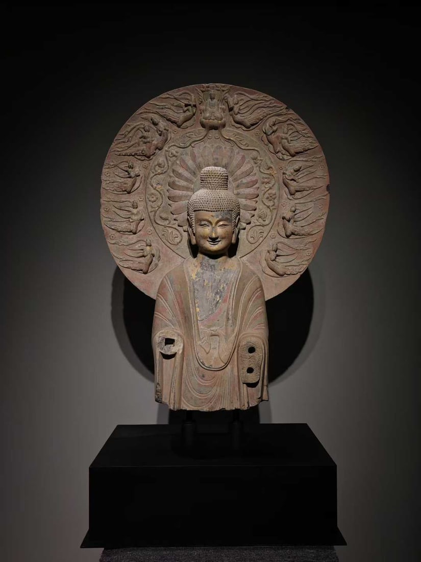 Gilded and Painted Blue Stone Giant Buddha with Apsaras and a Great Halo, Northern Wei Dynasty (1 of 9)