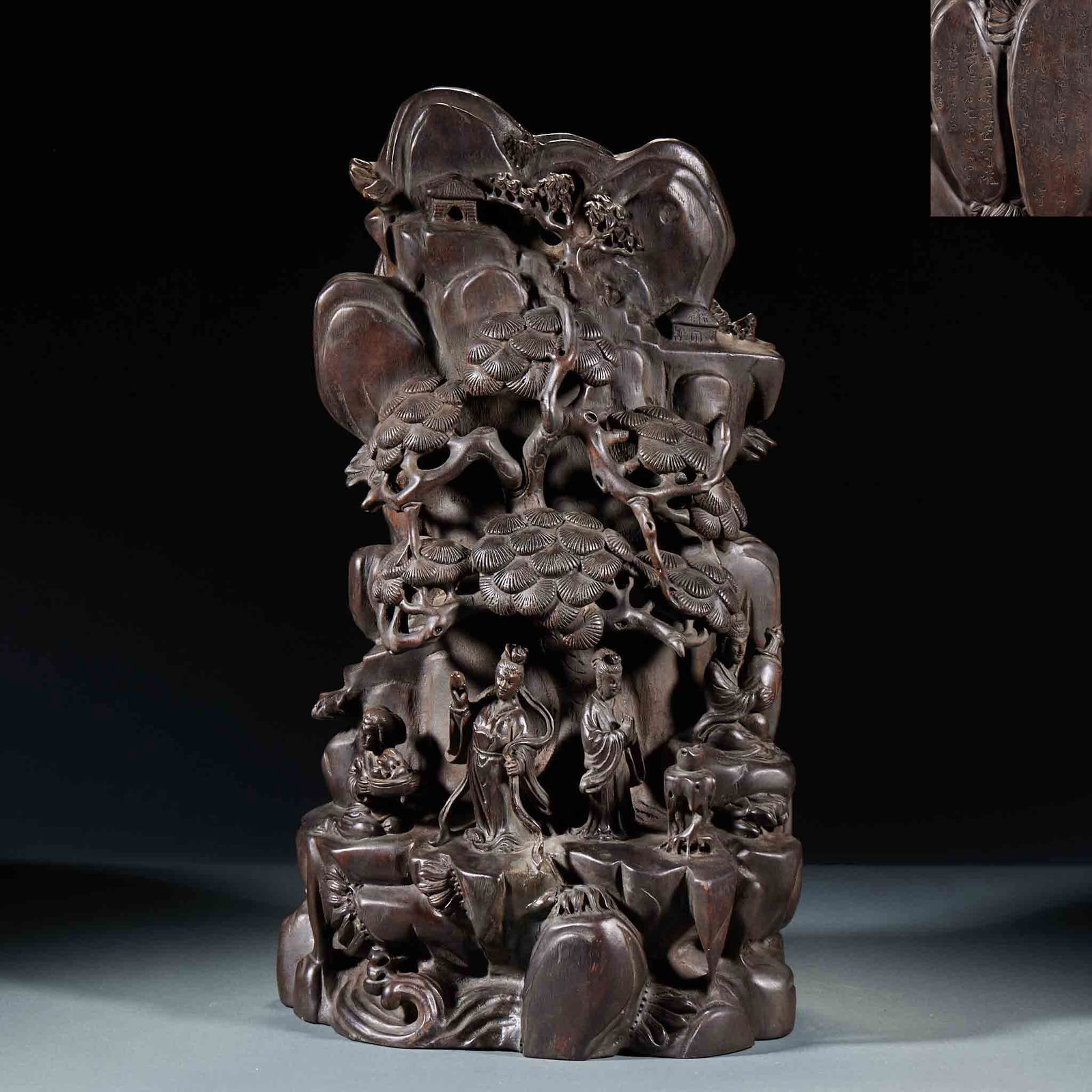 Eaglewood Mountain Ornament with a Palace Lady Under Pine Trees: Sandalwood "Lady under the Pine" Mountain Landscape, 40cm high, 23cm long, 19.5cm wide, 2238g