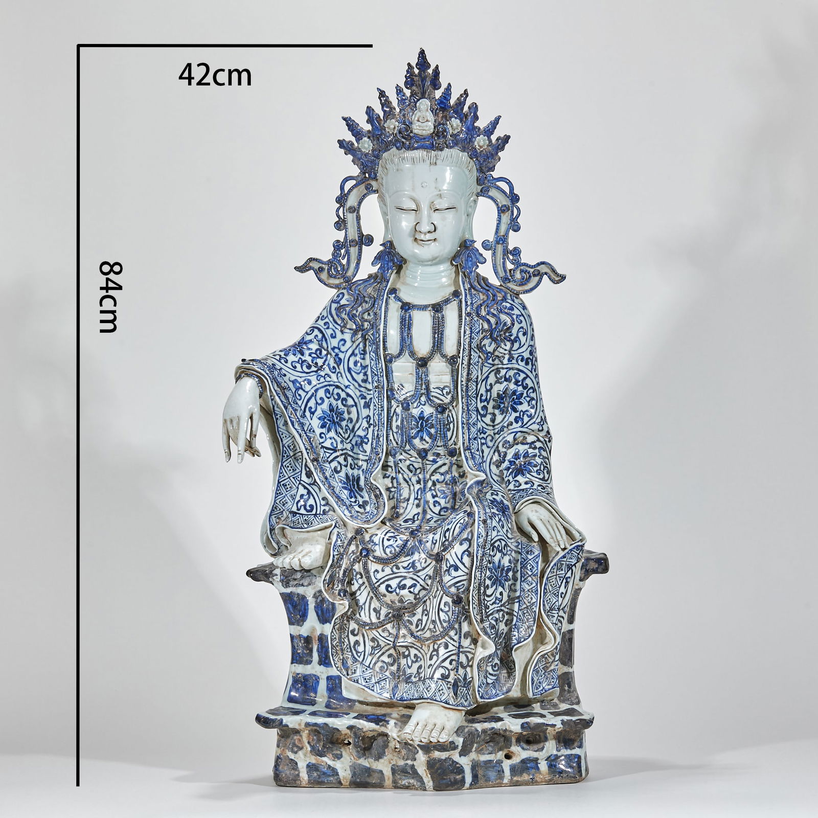 Blue and White Seated Free Guanyin Buddha Statue, Pre-Ming Dynasty (1 of 13)