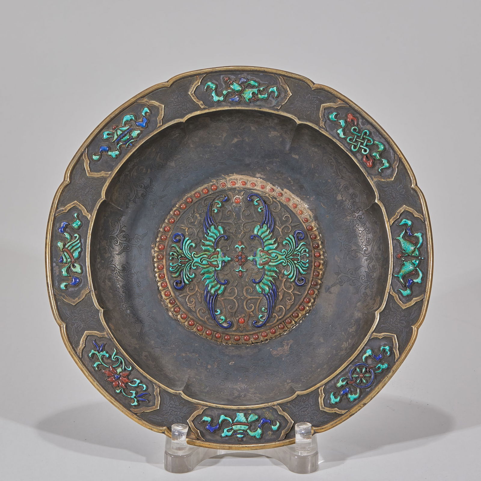 Silver Gilt Double Phoenix Plate Inlaid with Turquoise (1 of 6)
