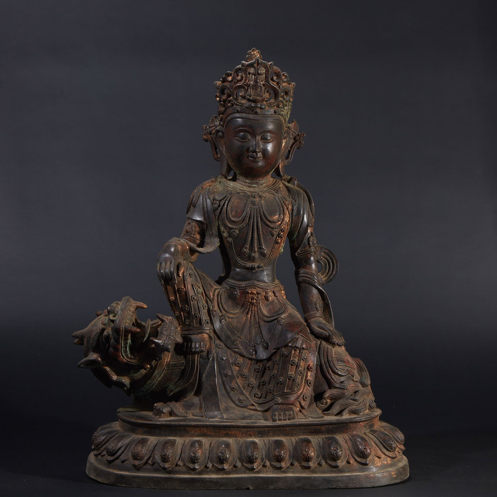 Bronze Manjushri Bodhisattva Statue with Partial Gilding: Copper Partially Gilt, Manjusri Bodhisattva, Height: 52 cm, Length: 38 cm, Width: 20 cm