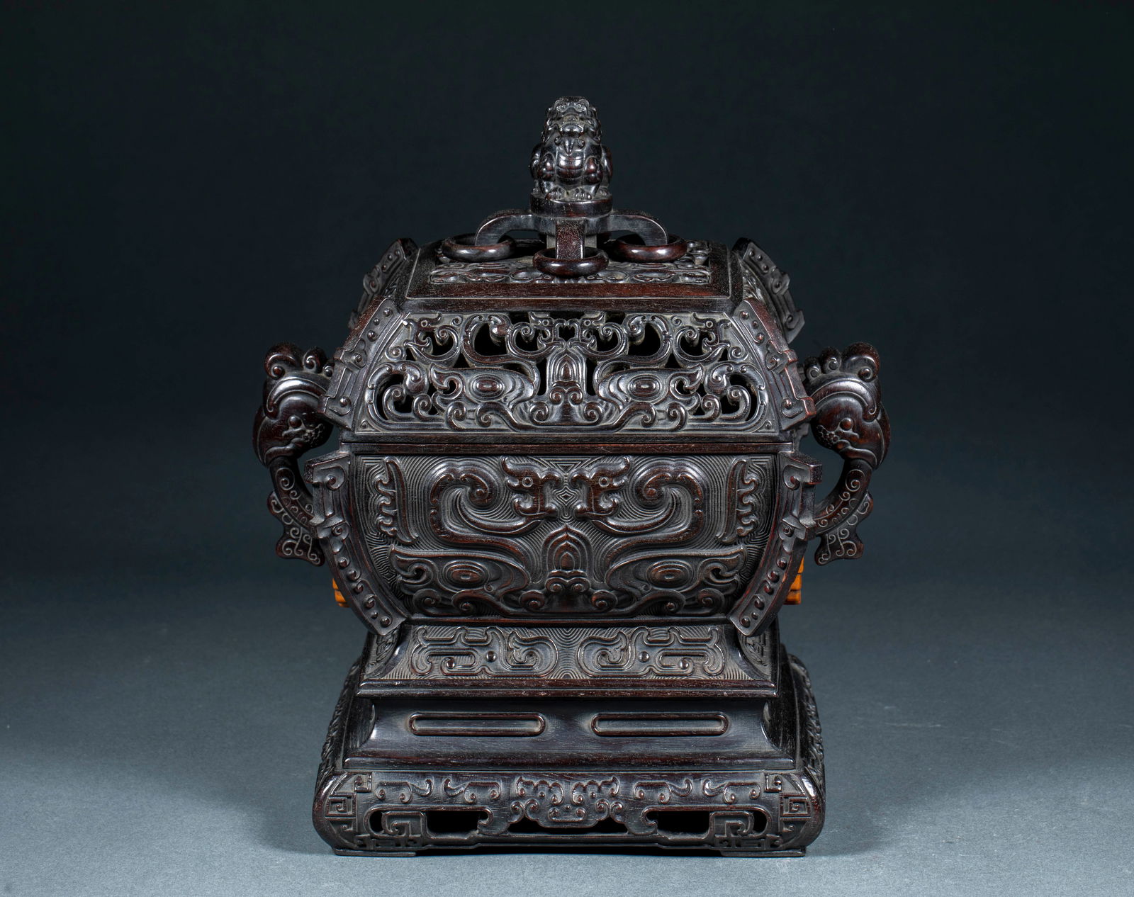 Purple Sandalwood Beast Ear Ring Incense Burner: Red sandalwood censer with beast-head ring handles. Height 27cm, length 18cm, width 16cm, weight 1538g. Elegant vessel for imperial or scholar’s studio use in the Qing Dynasty, mostly made by the