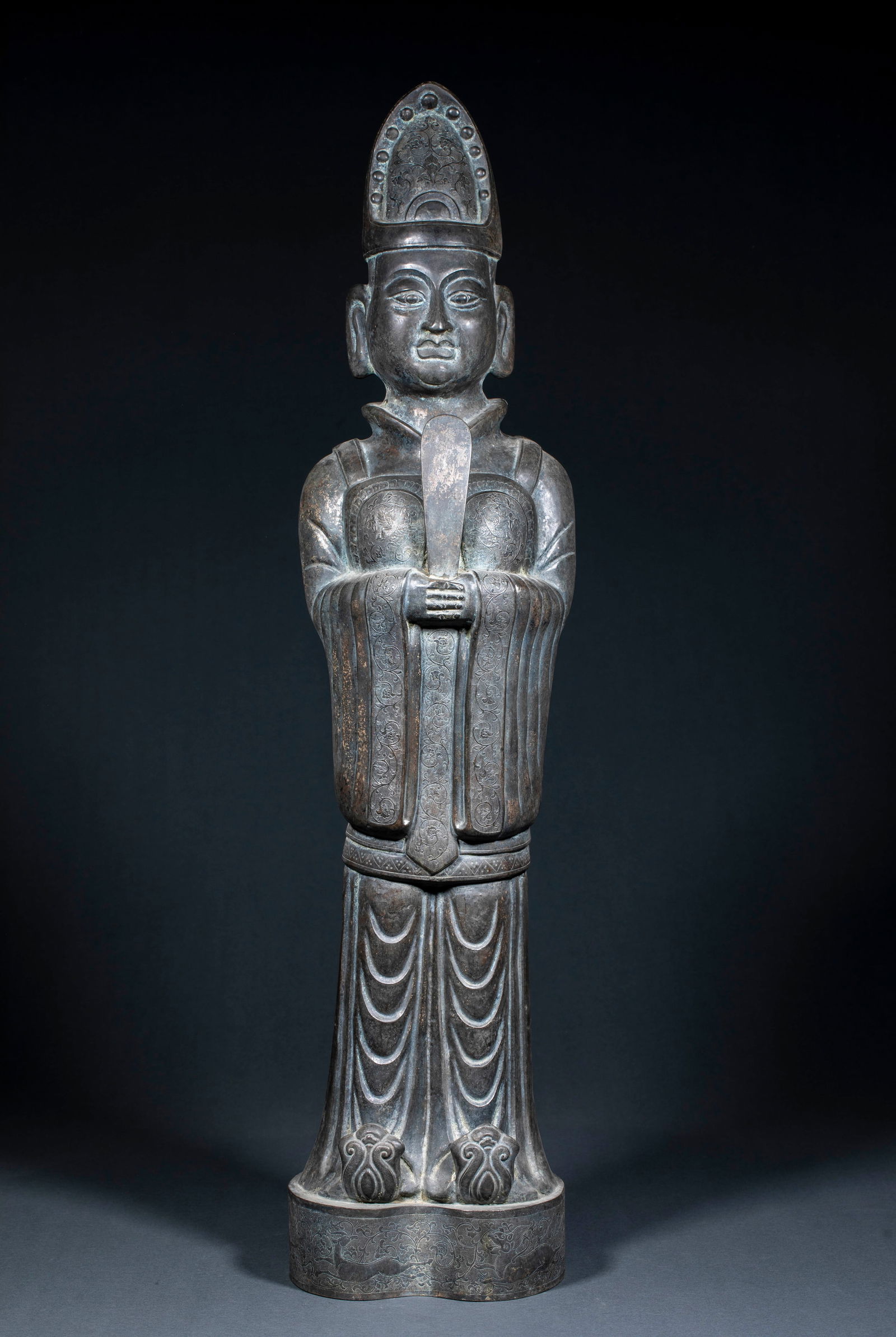 Silver Civil Official Standing Figure: Silver standing statue of civil official. Height 75.5cm, length 16.5cm, width 15cm, weight 2750g. Funerary object for imperial or noble tombs or religious statue from the Ming and Qing Dynasties. Made