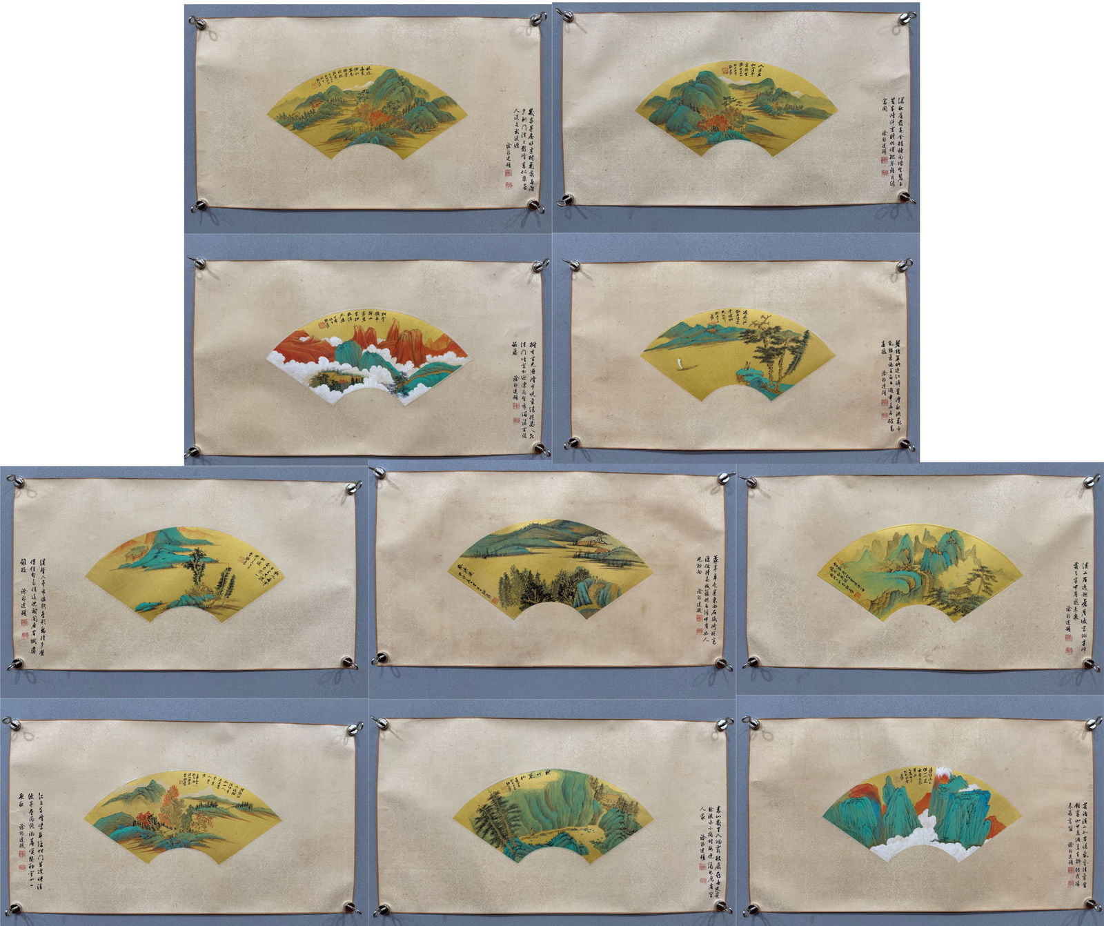 10 Fan Paintings by Zhang Daqian: Ten fan paintings by Zhang Daqian. Length 82cm, width 46cm. Blue and green landscape fan paintings by Zhang Daqian, a great master of modern Chinese painting, mostly created during his prime (1930s–