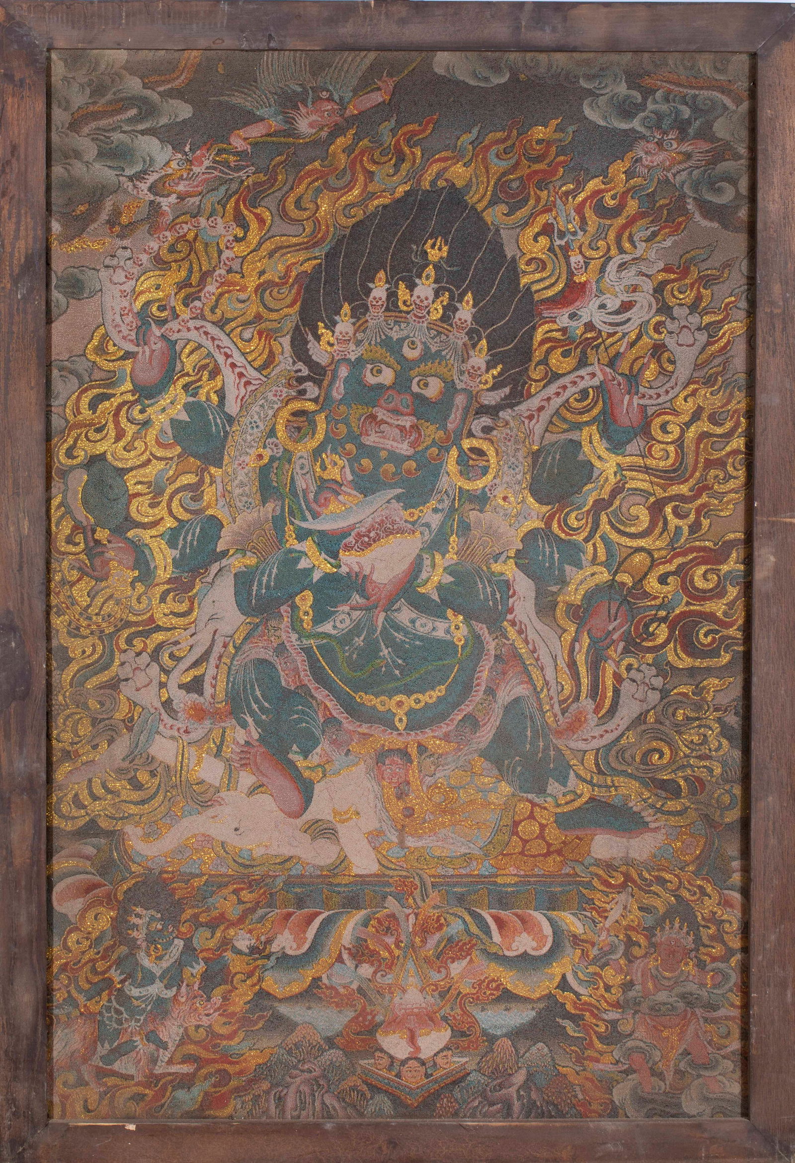 Pre-Qing Dynasty Kesi Large Vajra Deity Hanging Screen: Kesi hanging screen of Yamantaka, pre-Ming Dynasty. Length 96cm, width 66cm. Ming Dynasty or earlier, for Tibetan Buddhist worship. Silk with kesi craftsmanship. Using 'warp-controlled