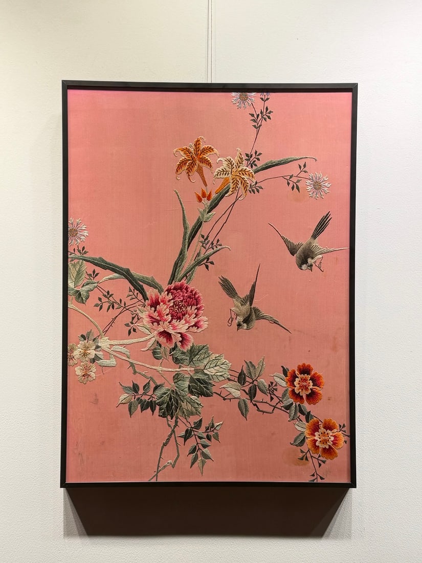 Pink embroidered flowers and birds: Pink embroidery of flowers and birds. Height 74cm, width 54cm. Su or Hunan embroidery, 'boudoir embroidery' or commercial embroidery from Qing to Republican period. Pink satin base with mulberry silk