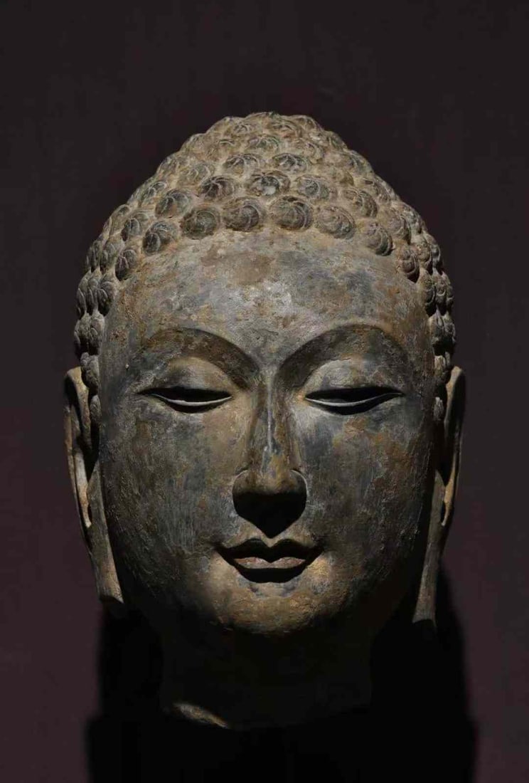 North Qi Dynasty Foshou head from Qingzhou: Northern Qi Buddha Head, Qingzhou. Height 30cm. Unearthed from the site of Longxing Temple in Qingzhou, Shandong, a Northern Qi Buddhist statue relic. Limestone (Qingzhou stone) with residual painted
