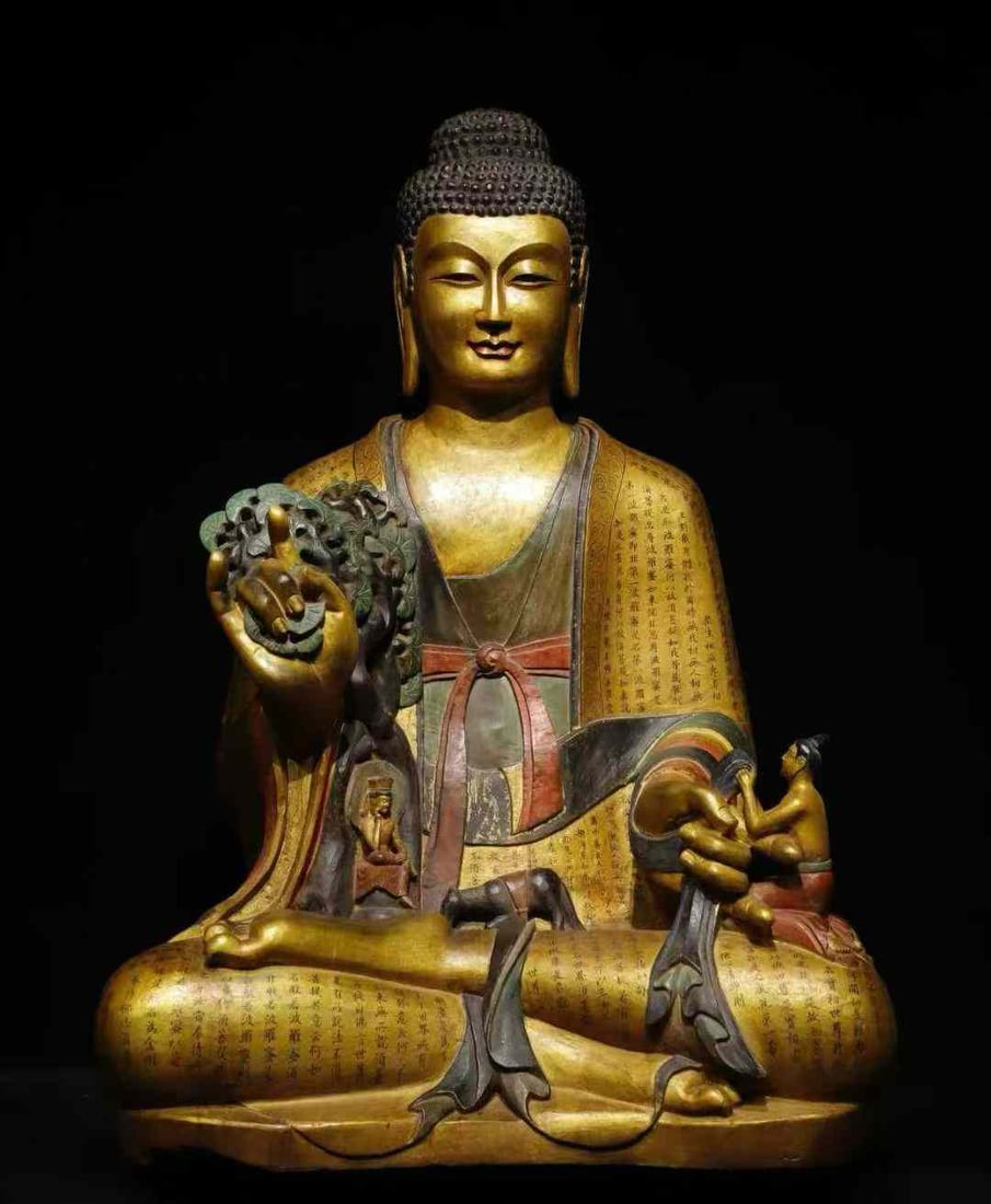 Gilt-painted and painted stone Buddha from the Northern Qi Dynasty: Northern Qi Gilded Painted Bluestone Buddha. Height 180cm, length 60cm, width 33cm. Large Northern Qi temple statue for Buddhist worship, possibly from sites like Longxing Temple in Qingzhou,