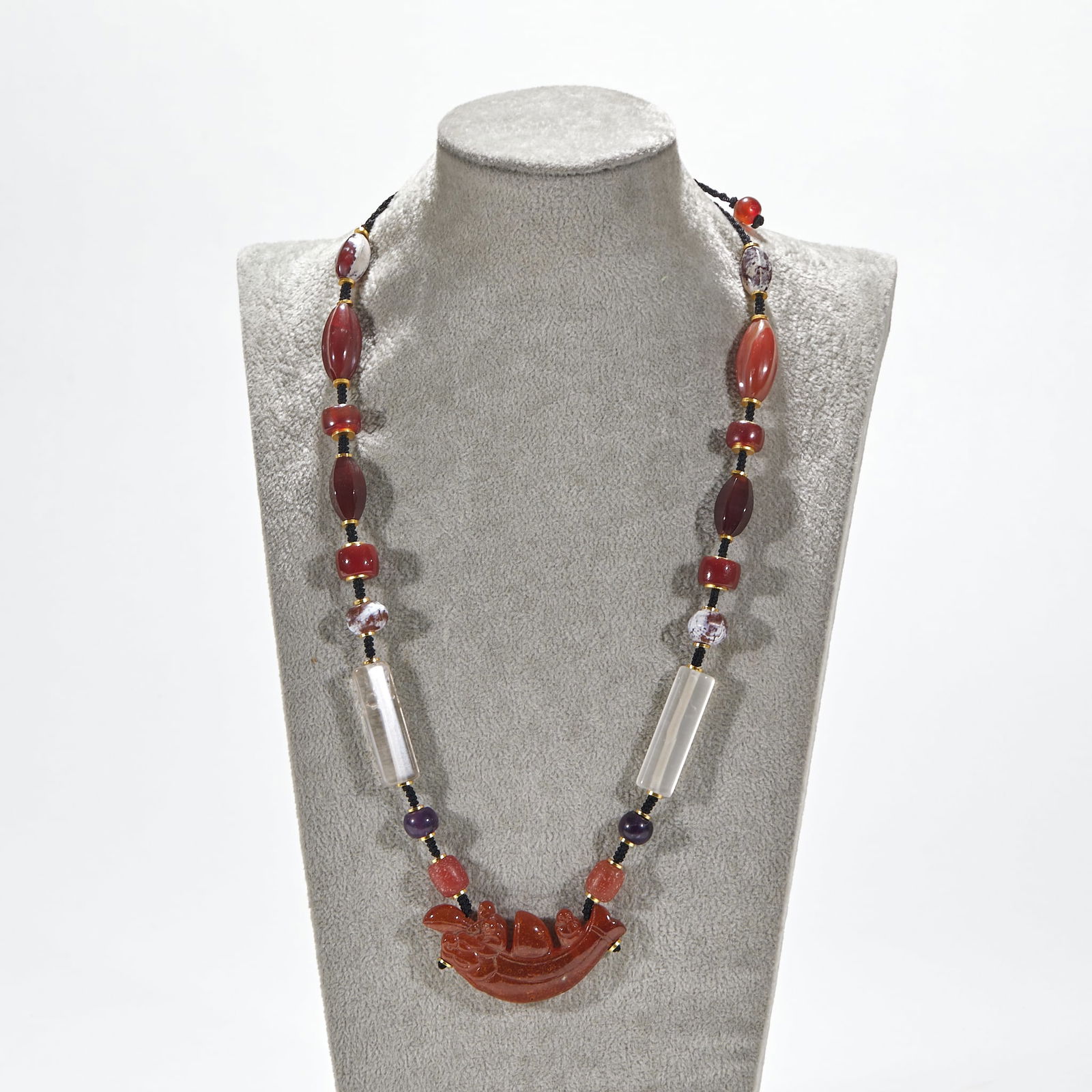 Honeycomb Amber "Smooth Sailing" with Agate Beads and Crystal Pendant: Amber Smooth Sailing Pendant with Agate and Crystal. Amber length 6cm, width 3cm. Qing scholar’s studio or noble ornament for "suppressing evil" or blessing. Main body of amber (or beeswax),