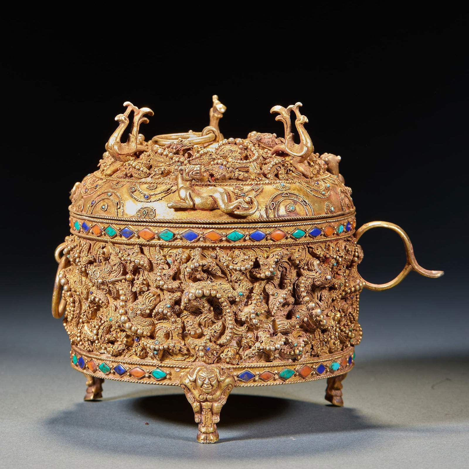 Silver-gilt cover jar with glass beads: Silver Inlaid Gold - Beaded Cover Jar, height 12.6 cm, length 15.5 cm, width 11.5 cm, weight 794g. An aristocratic container from the Tang Dynasty (or from the Sui to the Tang Dynasties), used for sto