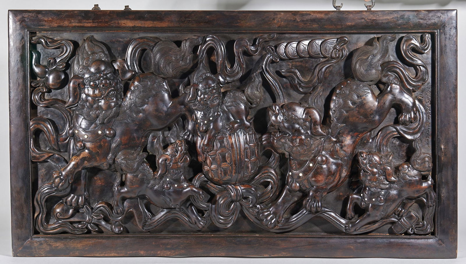 Agarwood Hanging Screen with Lions Playing with Ball Motif (1 of 6)