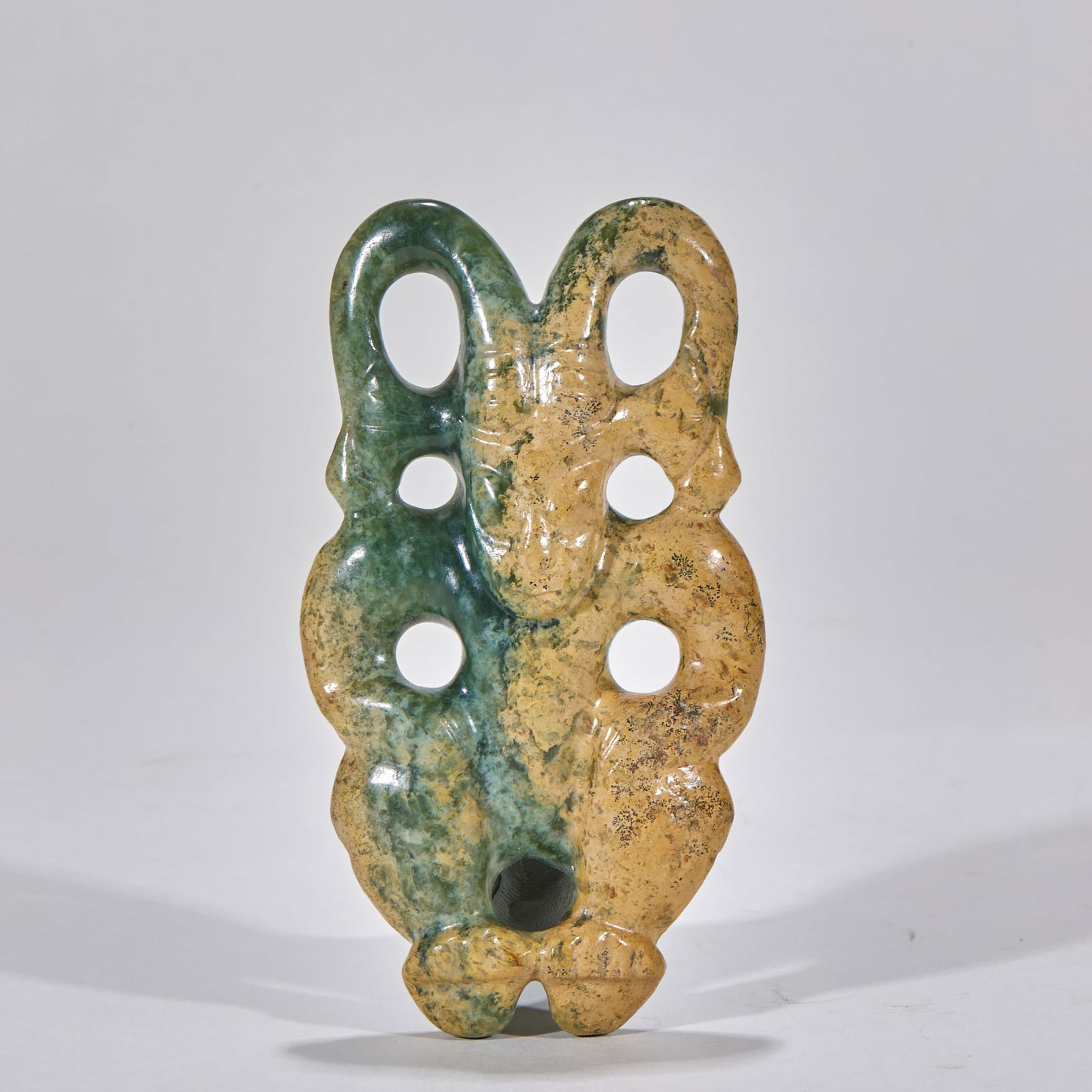 Sun God, Hongshan Culture, Pre-Ming Dynasty: Hongshan Culture Sun God, Pre-Ming Dynasty. Height 12cm, length 6.5cm, width 1cm, weight 191g. A ritual jade from the Neolithic Hongshan Culture (c. 4000–3000 BCE). Xiuyan or local jade with natural