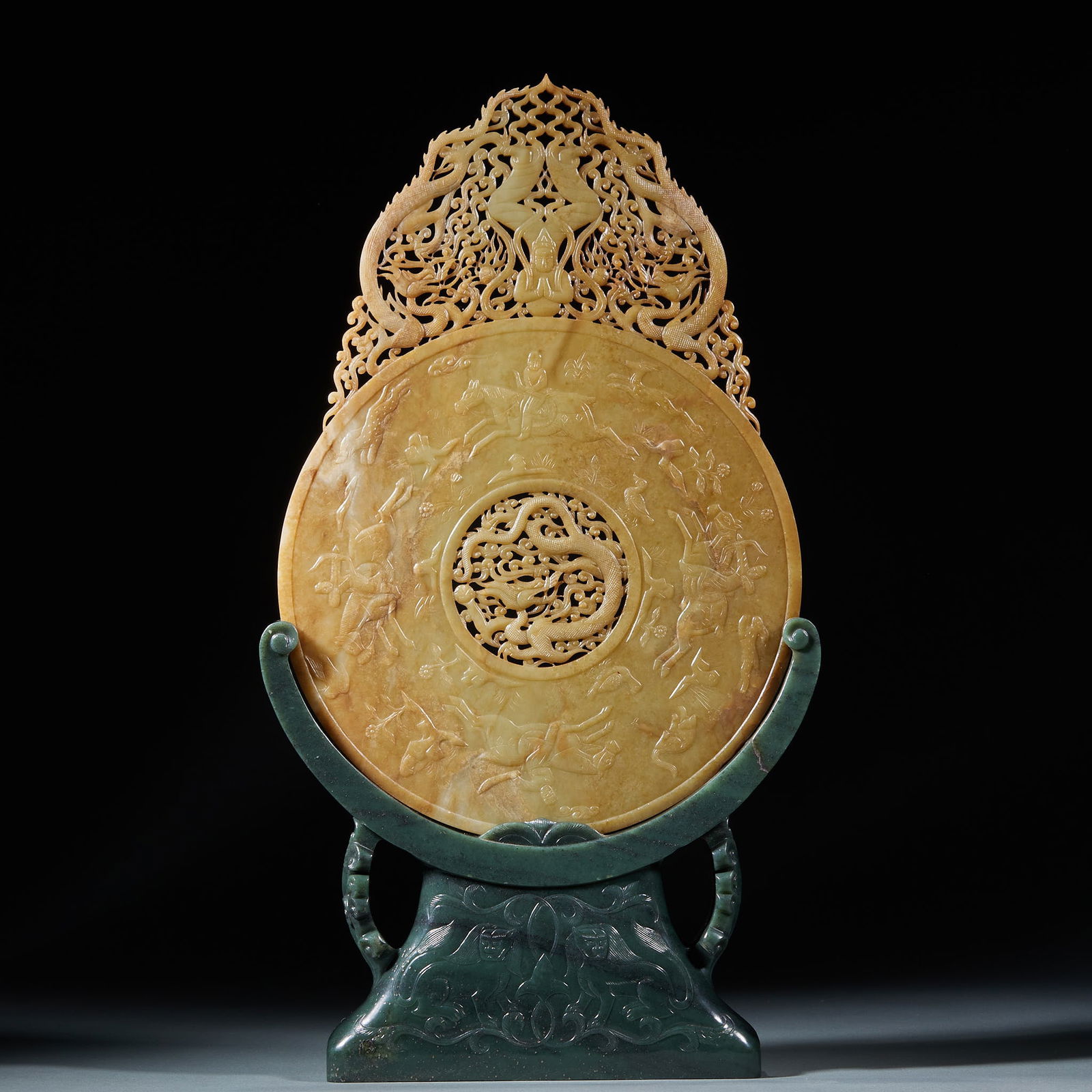 Ancient Jade Dragon Pattern Wall with Jade Base: Archaic Jade Dragon Pattern Openwork Bi with Jasper Base. Height 50cm, length 28cm, width 5cm. Han Dynasty or earlier, later fitted with a jasper base. Main body: yellow jade/Xiuyan jade with natural