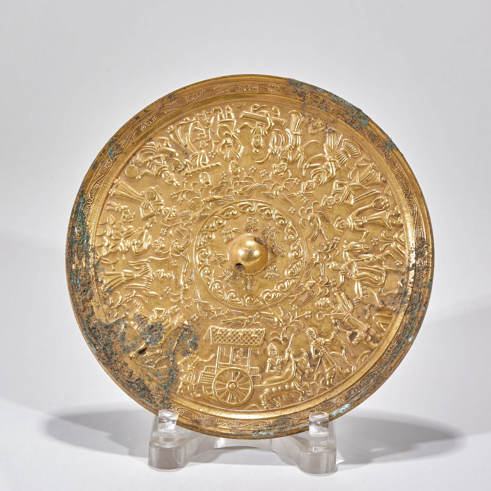 Pre-Ming Dynasty, Gilded Bronze Mirror with Figure Story, Flowers and Birds (1 of 7)