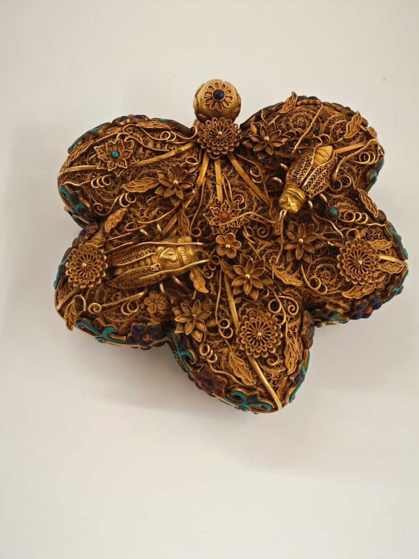 Gold Treasure Box with Bees and Butterflies Playing among Flowers (1 of 8)