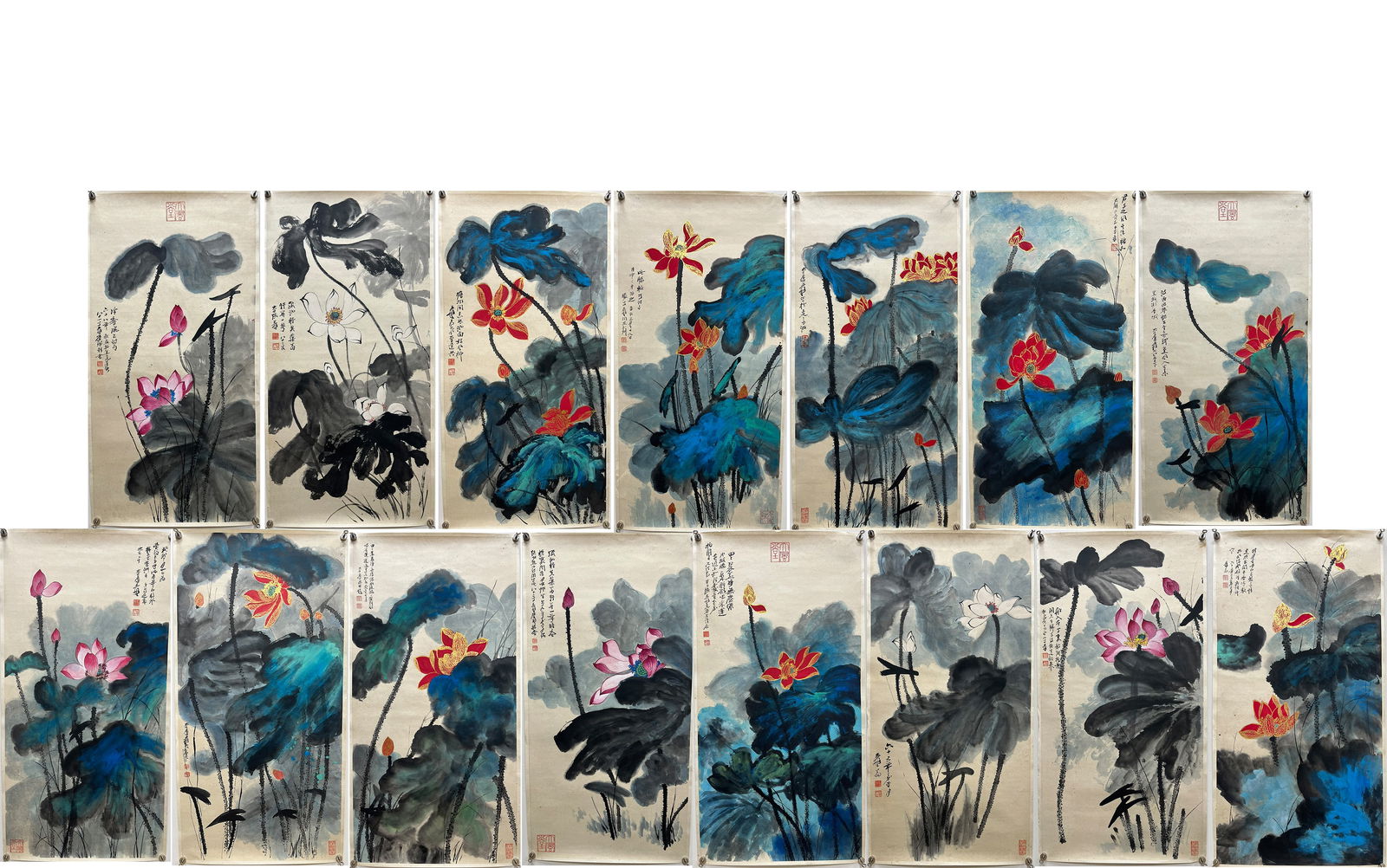 Fifteen Lotus Paintings by Zhang Daqian (Splashed-color), with one letter: Zhang Daqian Splashed-Color Lotus Paintings (Fifteen Works) with Letter, single piece height 100cm, width 50cm. Works by modern master Zhang Daqian, with an authentic handwritten letter of great