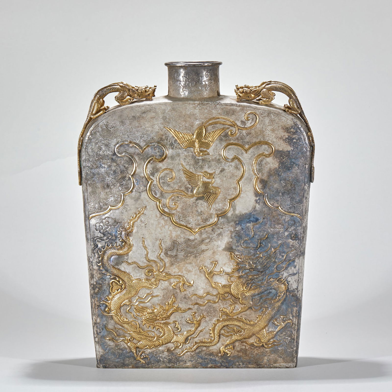 Gilded Silver Flat Flask with Dragon and Phoenix Pattern - 11