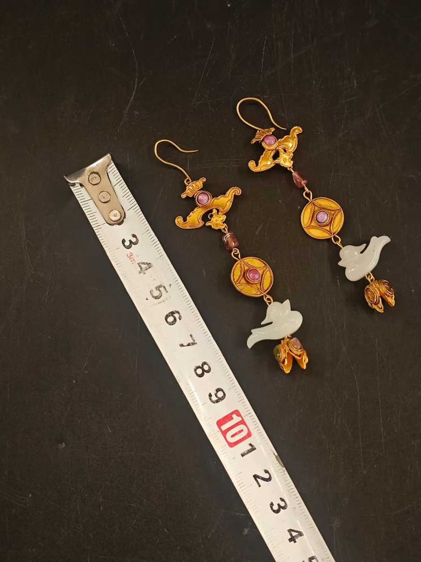 Hotan Jade Earrings with Two Sparrows - 4