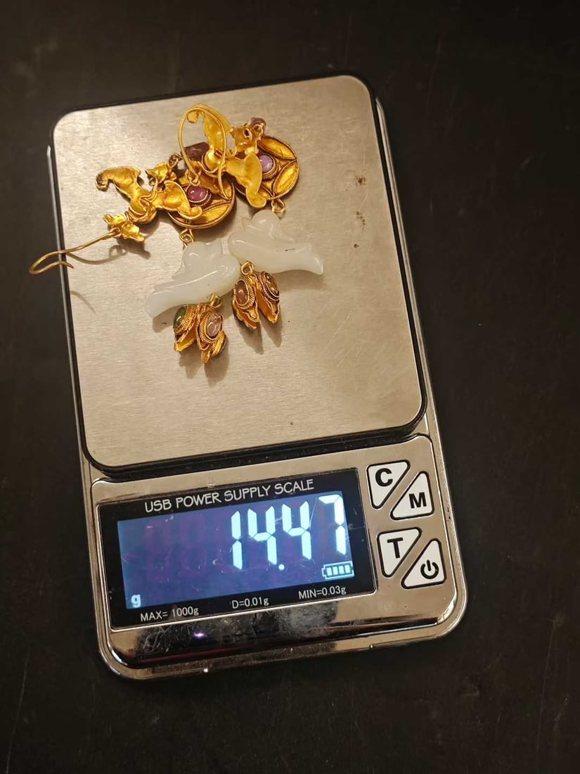 Hotan Jade Earrings with Two Sparrows - 6