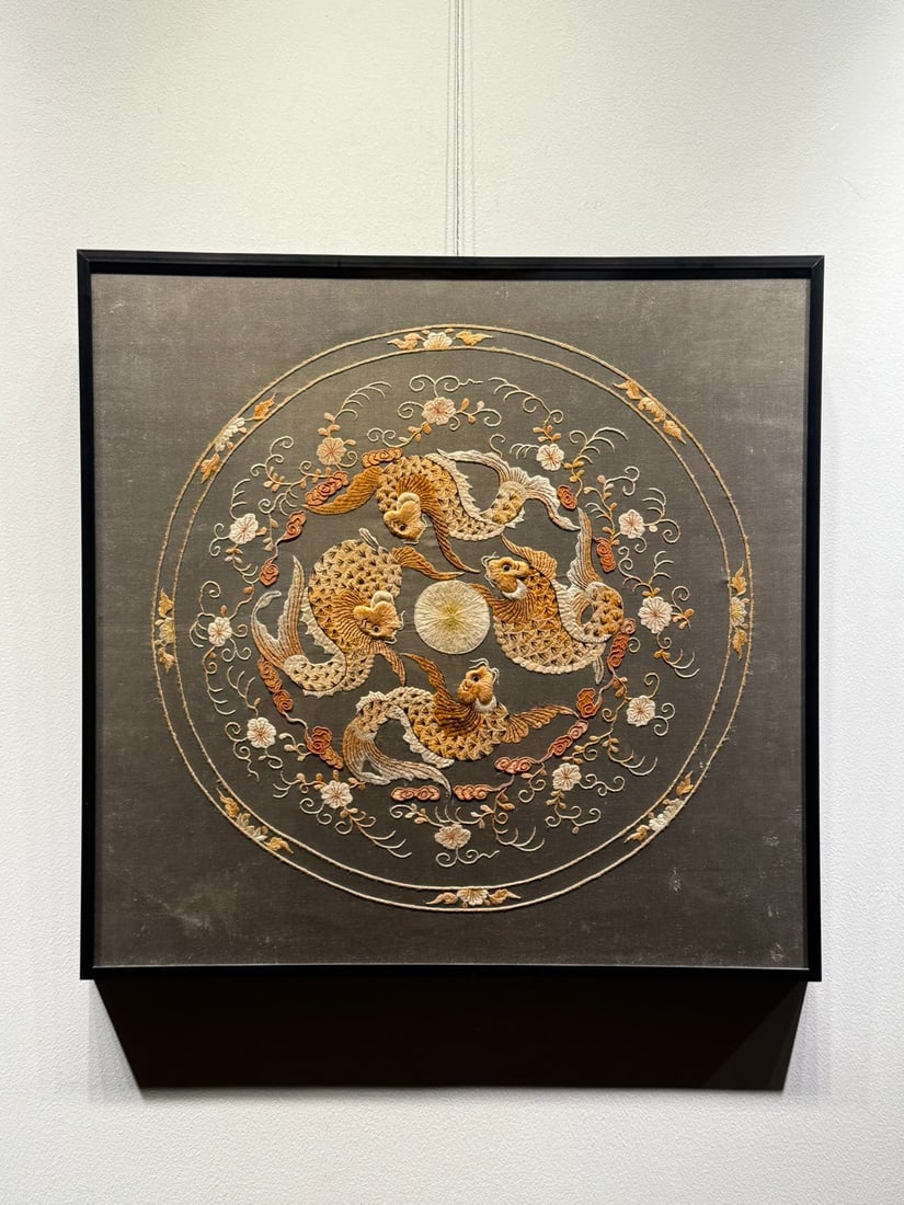 Embroidered Wealth & Treasure: Embroidered "Wealth and Treasure" Panel, height 57.5cm, width 56cm. A Qing or modern embroidery work themed with "goldfish full hall", a homophone for "abundance of wealth", symbolizing prosperity