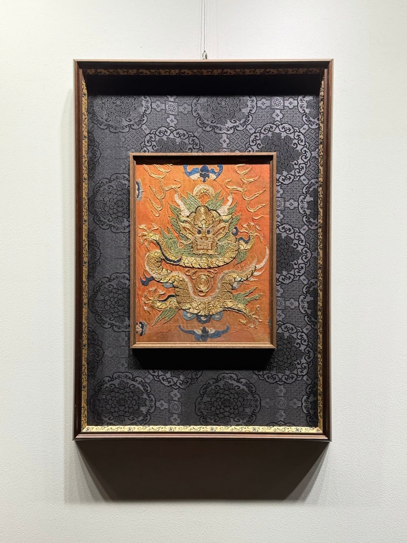 Gold-embroidered Front Dragon Pattern, Qing Dynasty: Qing Dynasty Gold?Thread Dragon Embroidery Fragment, length 69cm, width 47cm. A high?rank court or noble embroidery fragment with five?clawed front dragon. Orange?red satin ground, embroidered with go