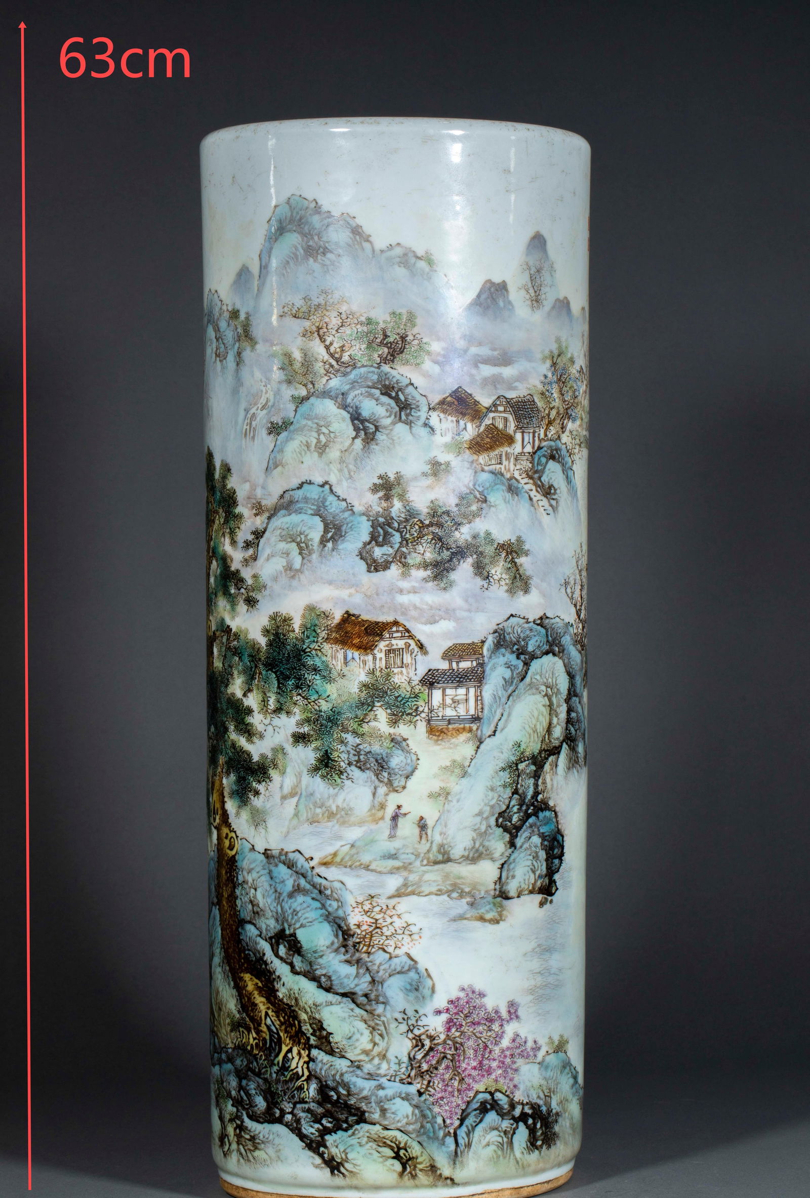 Famille Rose Cylindrical Vase with Landscape and Figure Story: Famille Rose Cylindrical Vase with Landscape and Figures, height 63cm, diameter 23cm. A Jingdezhen decorative porcelain of the Qing or Republican period. Kaolin porcelain with white glaze, painted