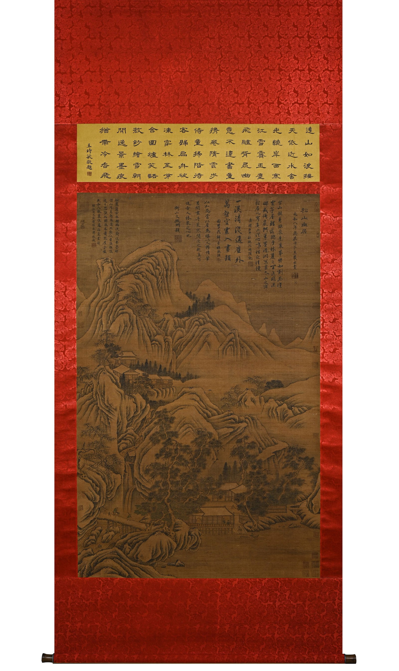 Vertical Scroll Secluded Dwelling in Pine Mountain by Wang Xizhi: Wang Xizhi Style Secluded Mountain Dwelling, image height 188cm, width 100cm. Inscribed “Wang Xizhi”, a later copy (Yuan to modern), not authentic. Ink on silk, with poem by Wang Shimin.