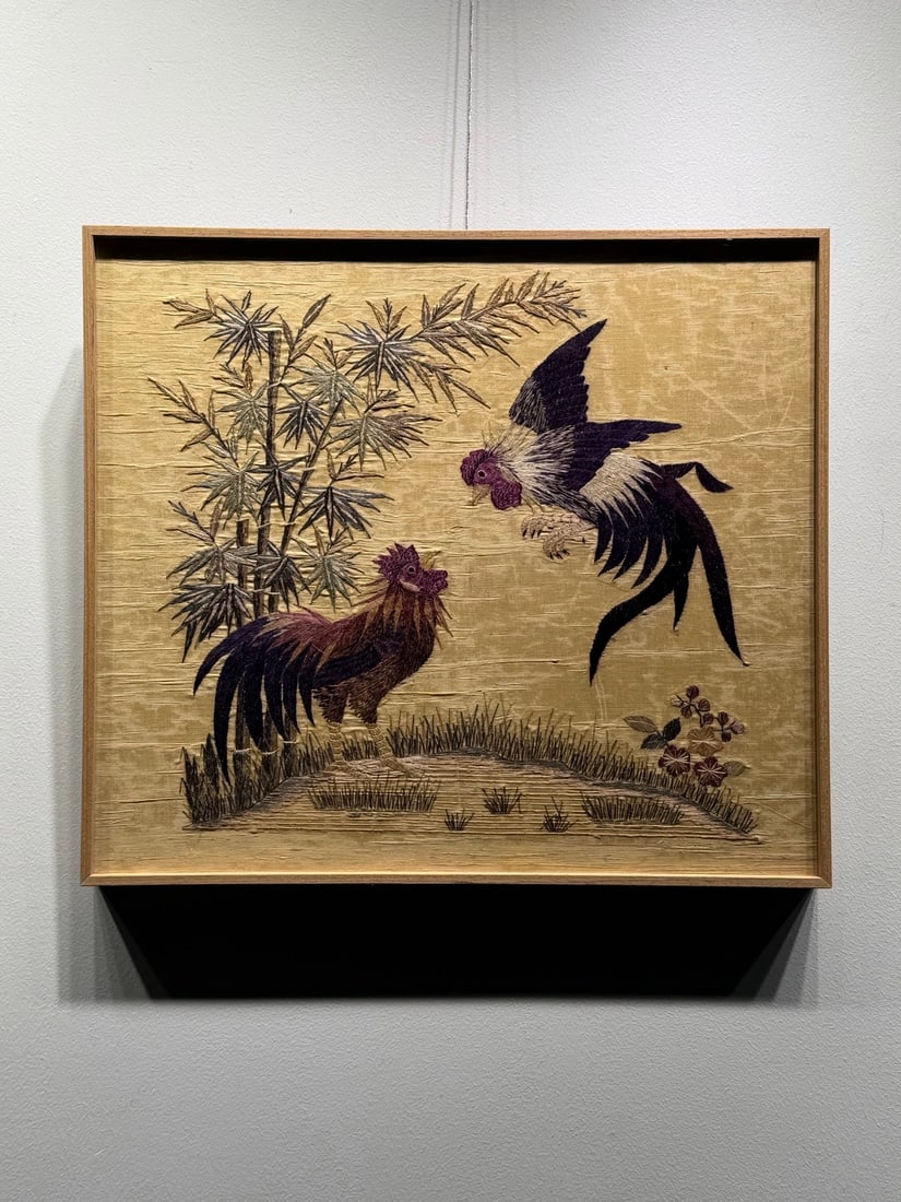 Embroidered Promotion upon Promotion , Republican Period: Republican Embroidery “Promotion Upon Promotion”, length 46cm, width 41cm. Republican folk embroidery; rooster and cockscomb symbolize “guan shang jia guan”. Beige satin ground,