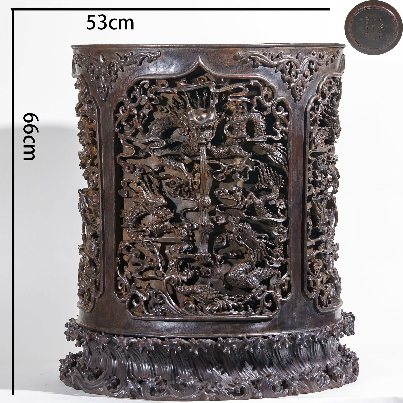 Large Agarwood Painting Jar with High-relief Openwork Dragon Pattern: Agarwood High?Relief Openwork Dragon Large Jar, height 66cm, length 53cm, width 53cm. Qing literati or hall display. Dense, fragrant agarwood. Made with high relief and openwork, carved with nine