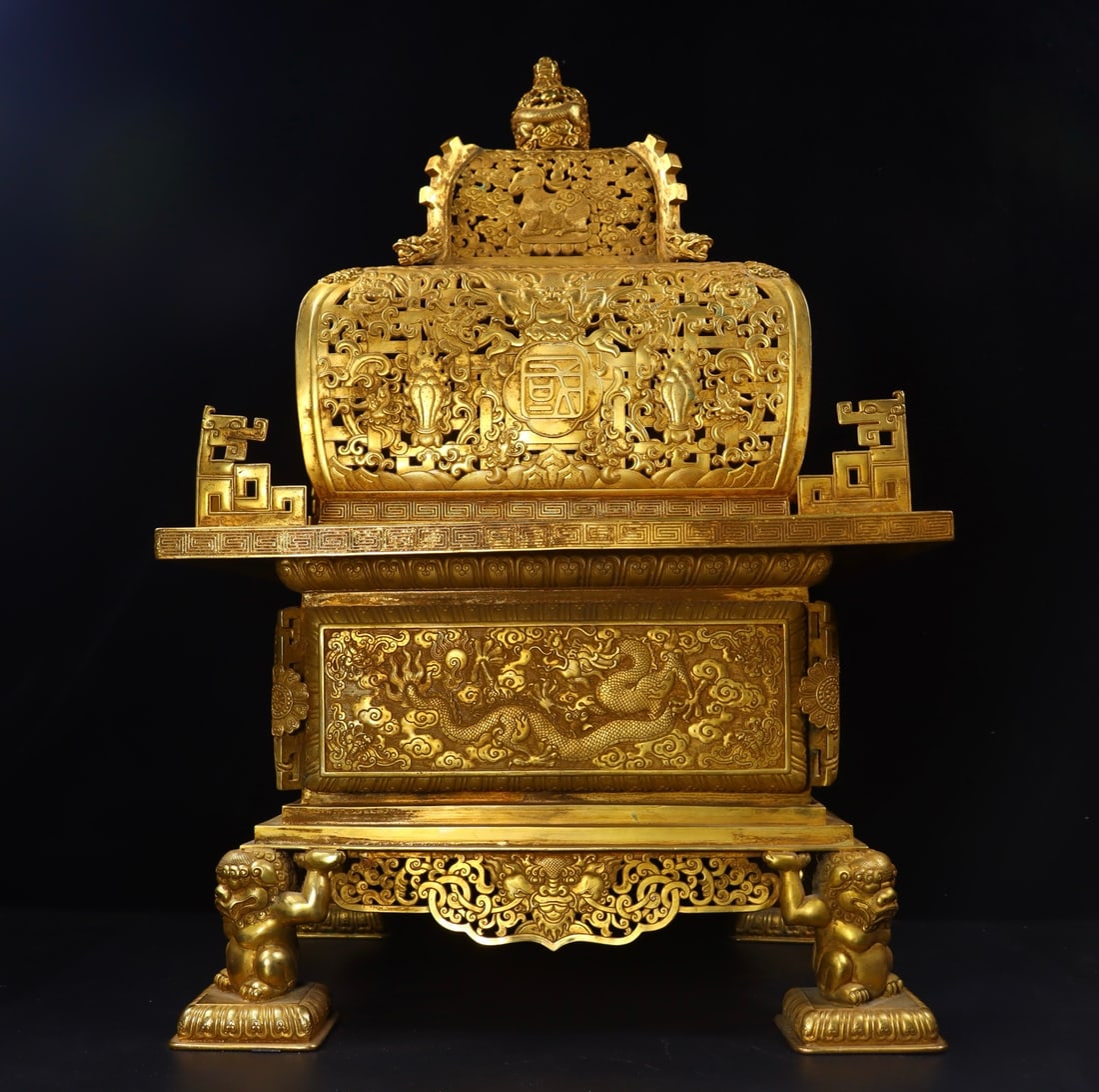 Gilded Bronze High-relief Carved Square Incense Burner, Qing Dynasty: Qing Gilt Bronze High?Relief Square Censer, height 60cm, length and width 41.5cm, 23700g. A Qing court or noble ritual censer. Gilt bronze with high?relief chiseled patterns. Lost?wax cast, with full
