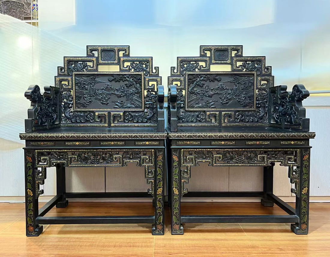 Zitan Armchair Carved with Landscape and Figures: Rosewood Carved Armchair, height 92cm, width 70cm, thickness 50cm. Qing or Republican hall armchair. Dense rosewood, partial gold tracing and color inlay. Made with high relief, openwork, gold