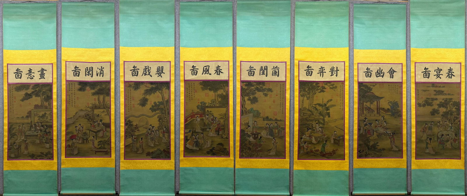 Eight Screens of Ladies Painting by Tang Yin: Tang Yin Style Ladies Eight Screens, height 195cm, width 55cm. Inscribed “Tang Yin”, actually a later copy (Ming to modern), not authentic. Color on silk, mounted as eight screens, titled