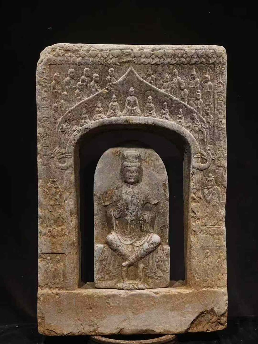 Buddhist Niche, Northern Qi Dynasty: Northern Qi Buddhist Niche, height 83cm, length 55cm, width 15cm. A stone Buddhist niche of the Northern Qi period (550–577). Bluestone with weathered surface. Crafted with bas-relief and line