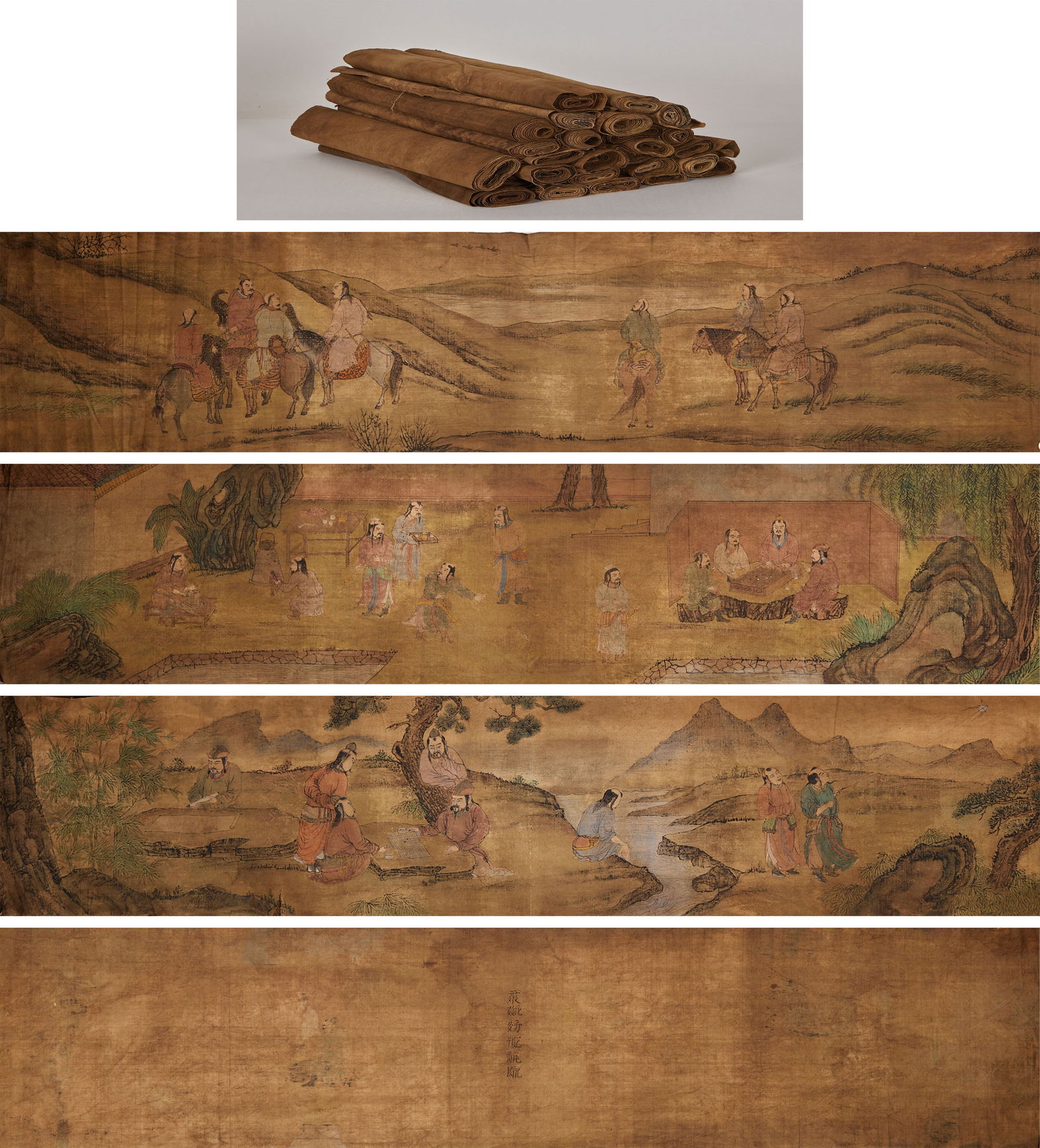 Khitan Figure Painting on Hemp, 6th Year of Qianyou Period (26 Volumes): Khitan Figure Story on Linen, 6th Year of Qianyou, length 200cm, width 42cm. A narrative painting scroll of the Khitan people in the 6th year of Western Xia Qianyou (1175), with Khitan inscriptions