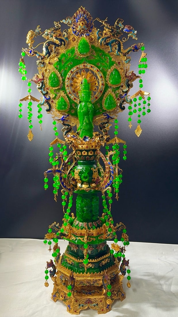 Gilded Filigree Statue of Bhasvajra Inlaid with High-ice Jadeite: Gilt Filigree Inlaid High-Ice Jadeite Bodhisattva of Precious Hand, height 80cm, width 40cm. A modern court-style ritual vessel themed with Tibetan Buddhist Bodhisattva of Precious Hand. Silver-gilt