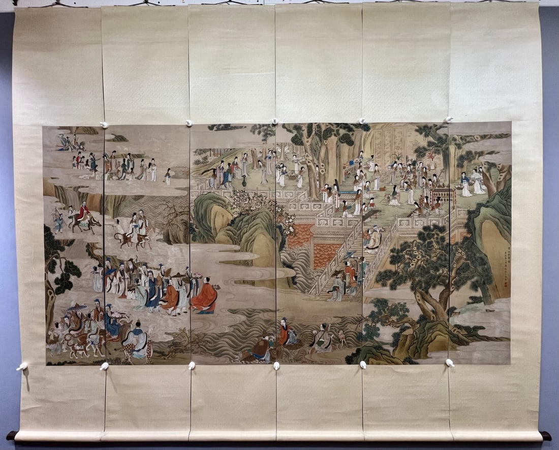 Immortals Celebrating Longevity by Yu Zhiding: Yu Zhiding “Immortals Celebrating Longevity” Panoramic Screen, height 120cm, width 232cm. Inscribed “Yu Zhiding”, a large-scale work by the Qing court portraitist, this panoramic