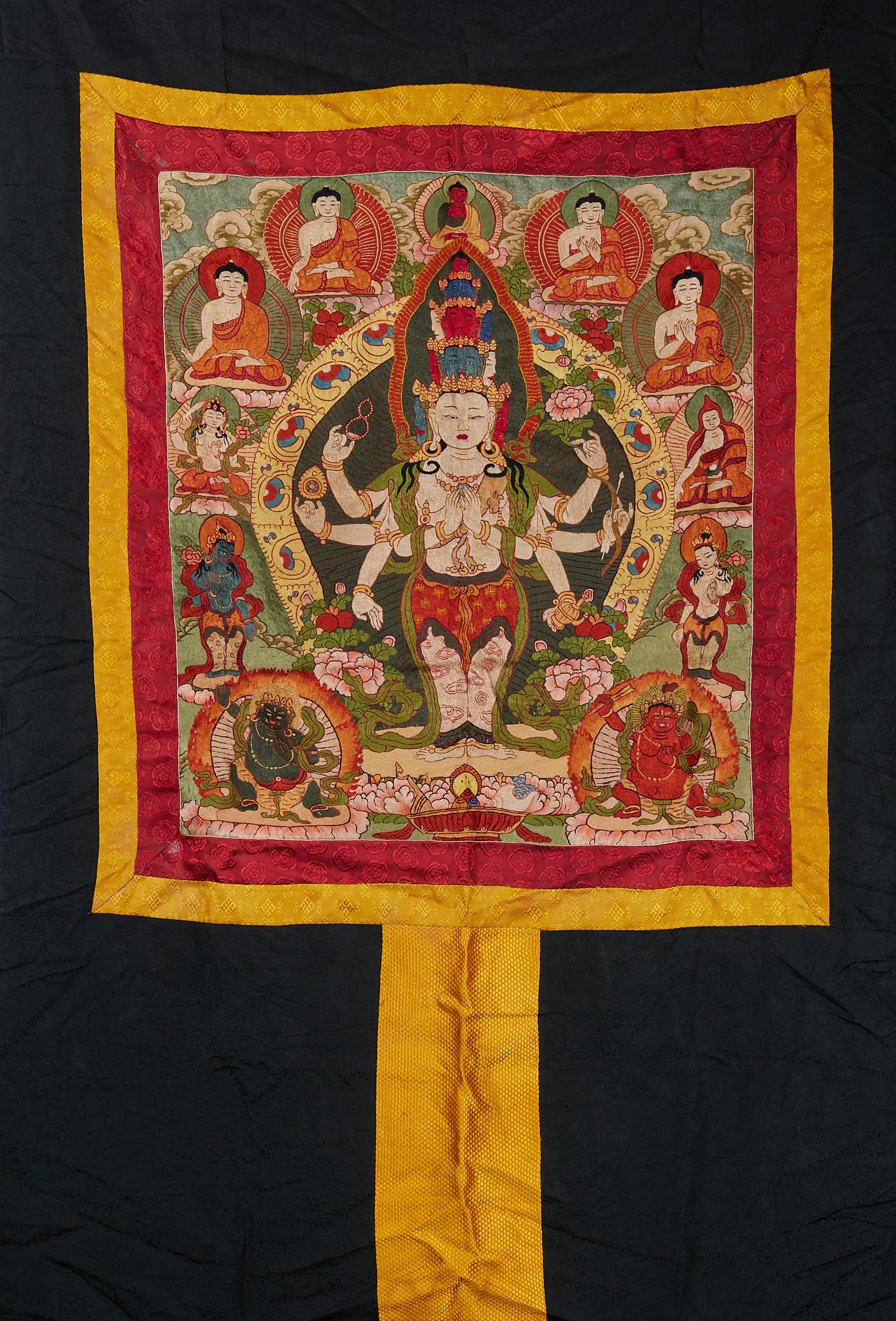 Embroidered Thangka of Eight-Armed Guanyin: Embroidered Thangka of Eight-Armed Avalokiteshvara, image 86cm × 76cm