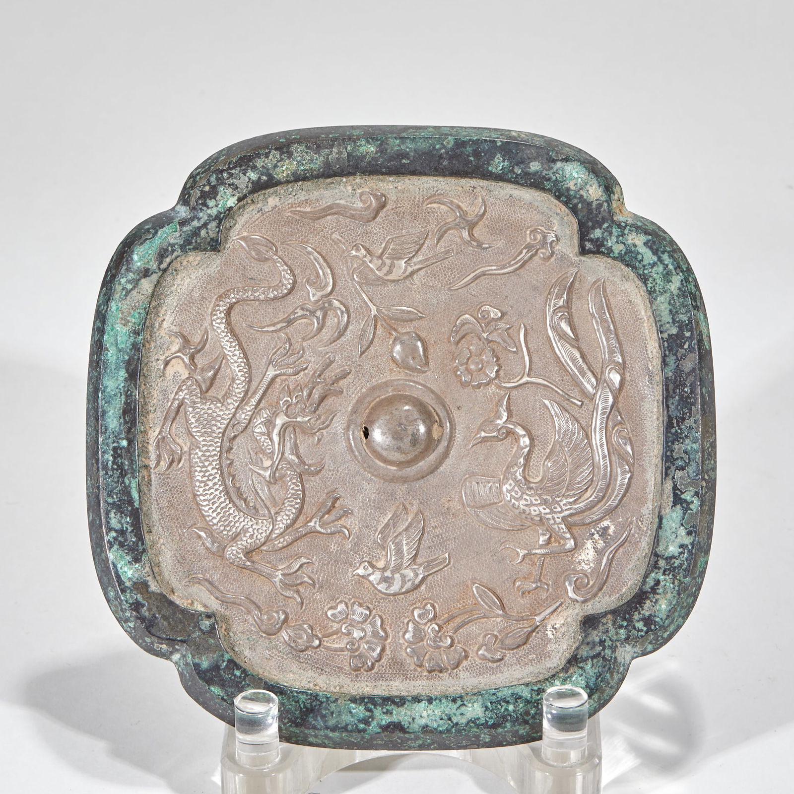 Pre-Ming Dynasty Bronze Mirror Inlaid with Silver Dragon and Phoenix: Pre-Ming Bronze Mirror Inlaid with Silver, “Dragon and Phoenix Auspiciousness”, 15cm × 15cm, 703g