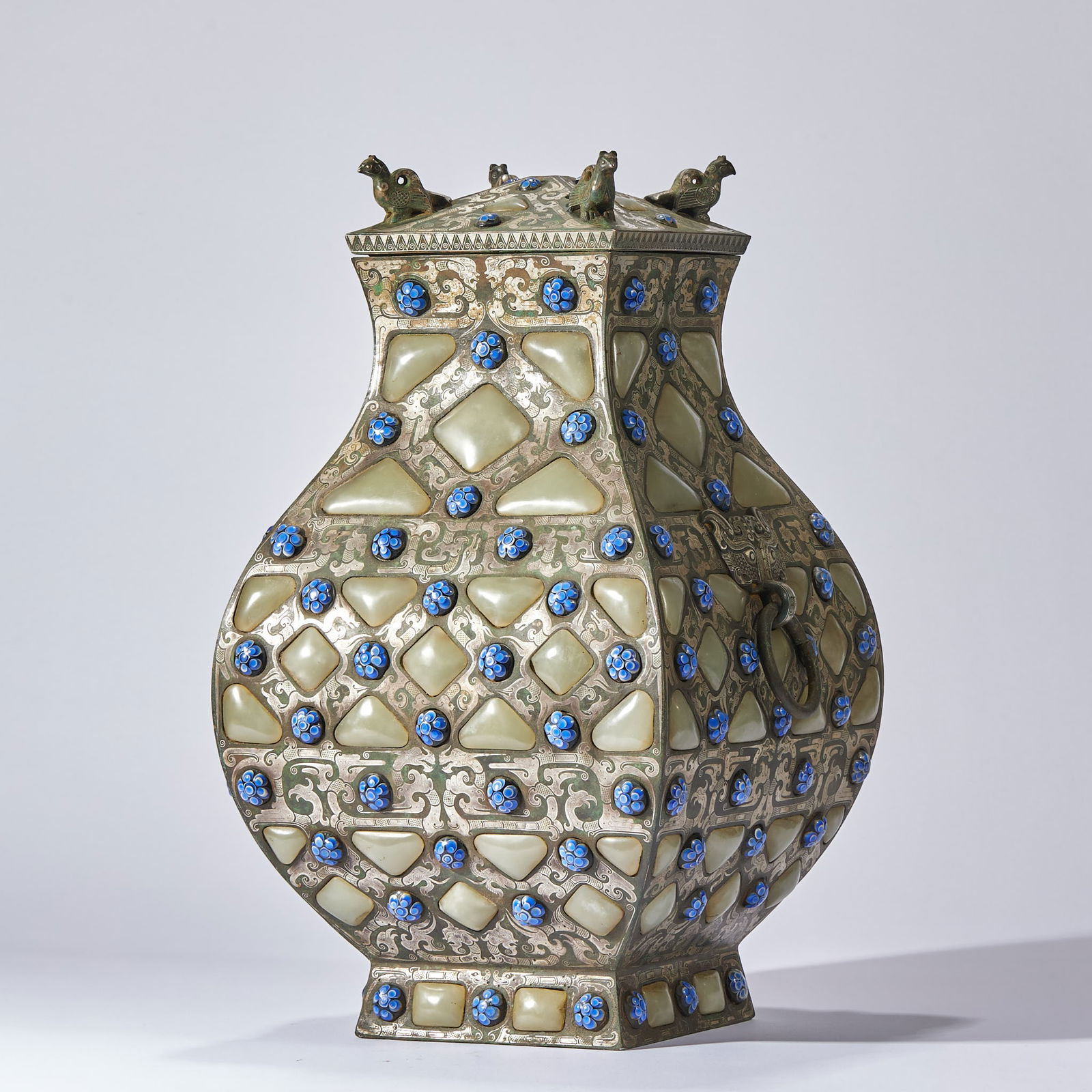 Pre-Ming Dynasty Square Vase with Silver and Jade Inlay: Pre-Ming Silver-Inlaid and Jade-Inlaid Square Vase, 35cm × 21cm × 20cm, 6442g