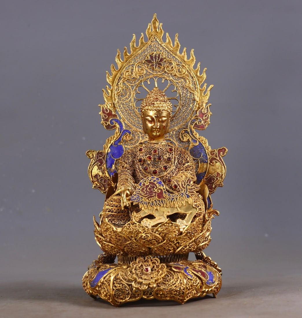 Qing Dynasty Filigree Gilded Buddha Statue Inlaid with Gemstones: Qing Filigree Gilt Gem-Inlaid Buddha Statue, 23.5cm × 11cm × 11cm, 541g