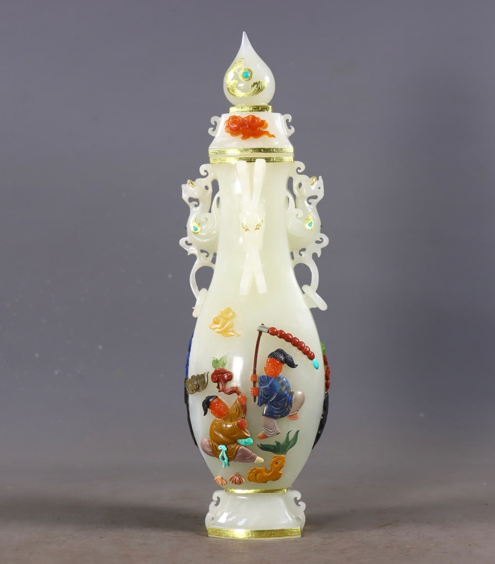 Hotan White Jade Boy Vase Inlaid with Eight Treasures, Gold and Silver: Hotan White Jade Vase with Eight Treasures, Gold-Silver Inlay and Boys Design, 27.5cm × 7.5cm × 6cm, 837g