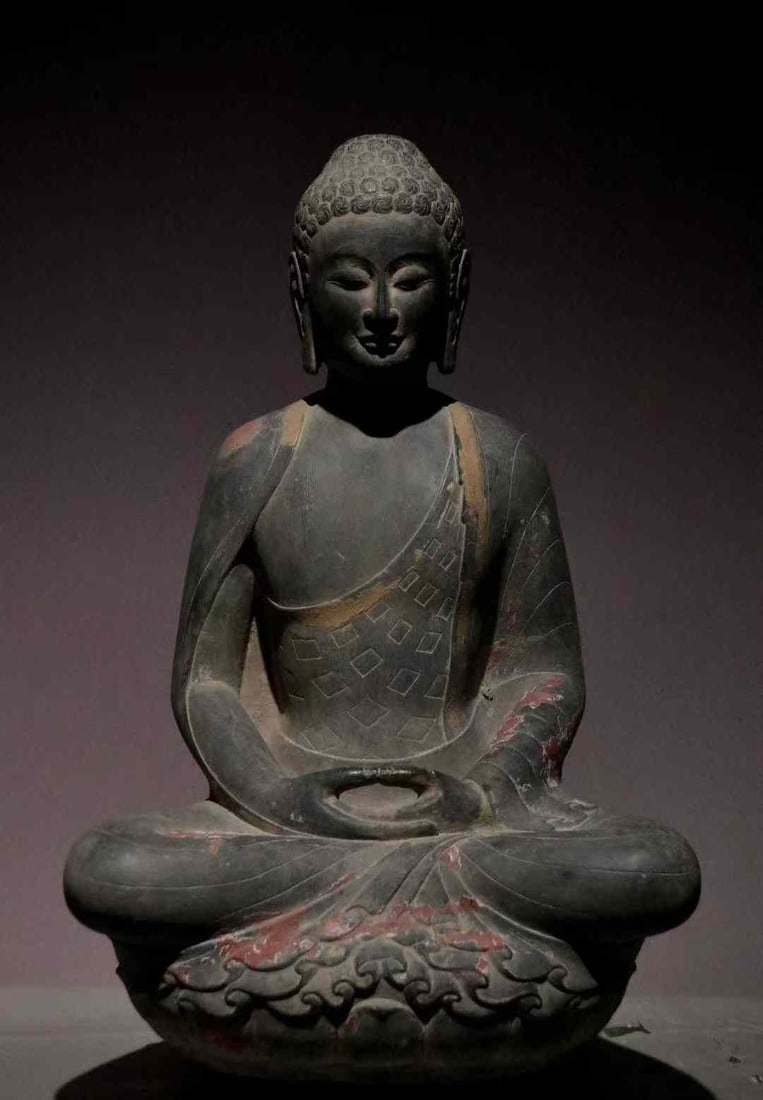 Painted Seated Buddha in Bluestone, Tang Dynasty (1 of 9)