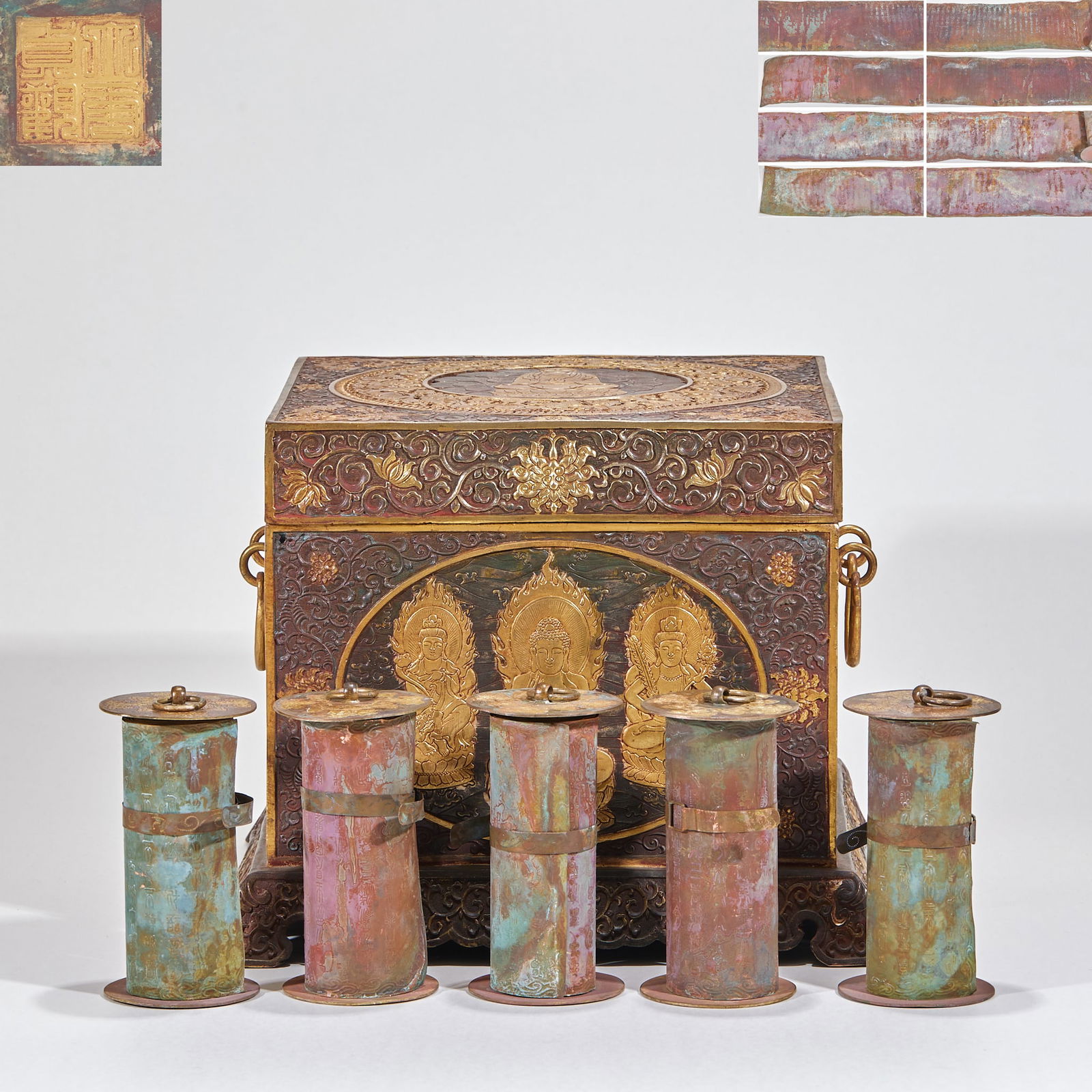 Gilded Bronze Buddha Statue with Five Silver Scriptures Inside, Zhenguan Period, Tang Dynasty: Zhenguan Gilt Bronze Buddha Vase with Silver Sutras (5 volumes), 105cm × 11.5cm, 14050g