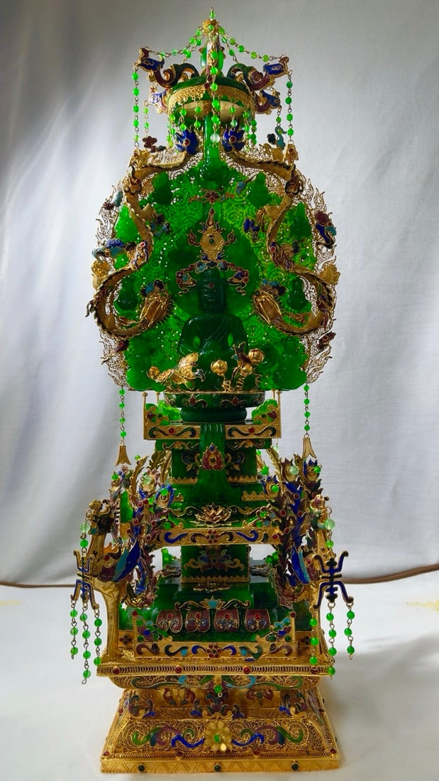 Gilded Filigree Sakyamuni Buddha Statue Inlaid with Jadeite: Gilt Filigree Jadeite-Inlaid Shakyamuni Buddha, 72cm × 26cm
