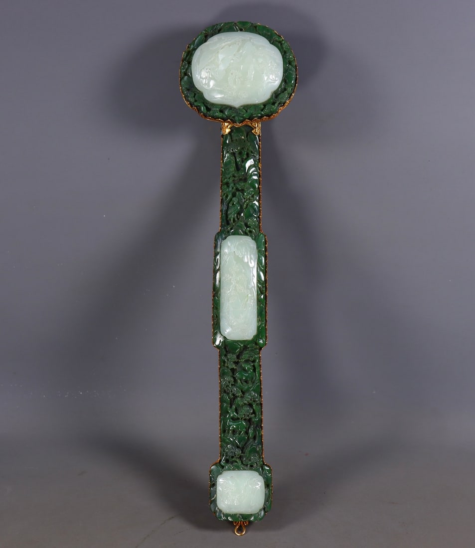 Hotan Jasper Ruyi Inlaid with White Jade and Gold: Hotan Jasper Inlaid White Jade and Gold Ruyi Scepter, 8cm × 40.5cm × 9.5cm, 1245g